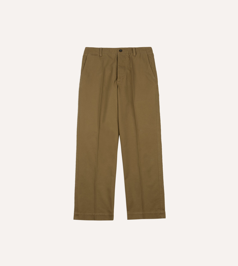 Khaki Herringbone Cotton Wide Leg Flat Front Chino - 1