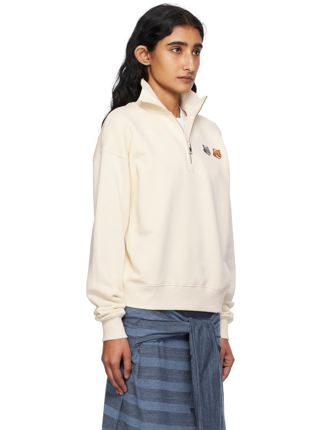 Beige Double Bold Fox Head Half Zip Comfort Sweatshirt - 2