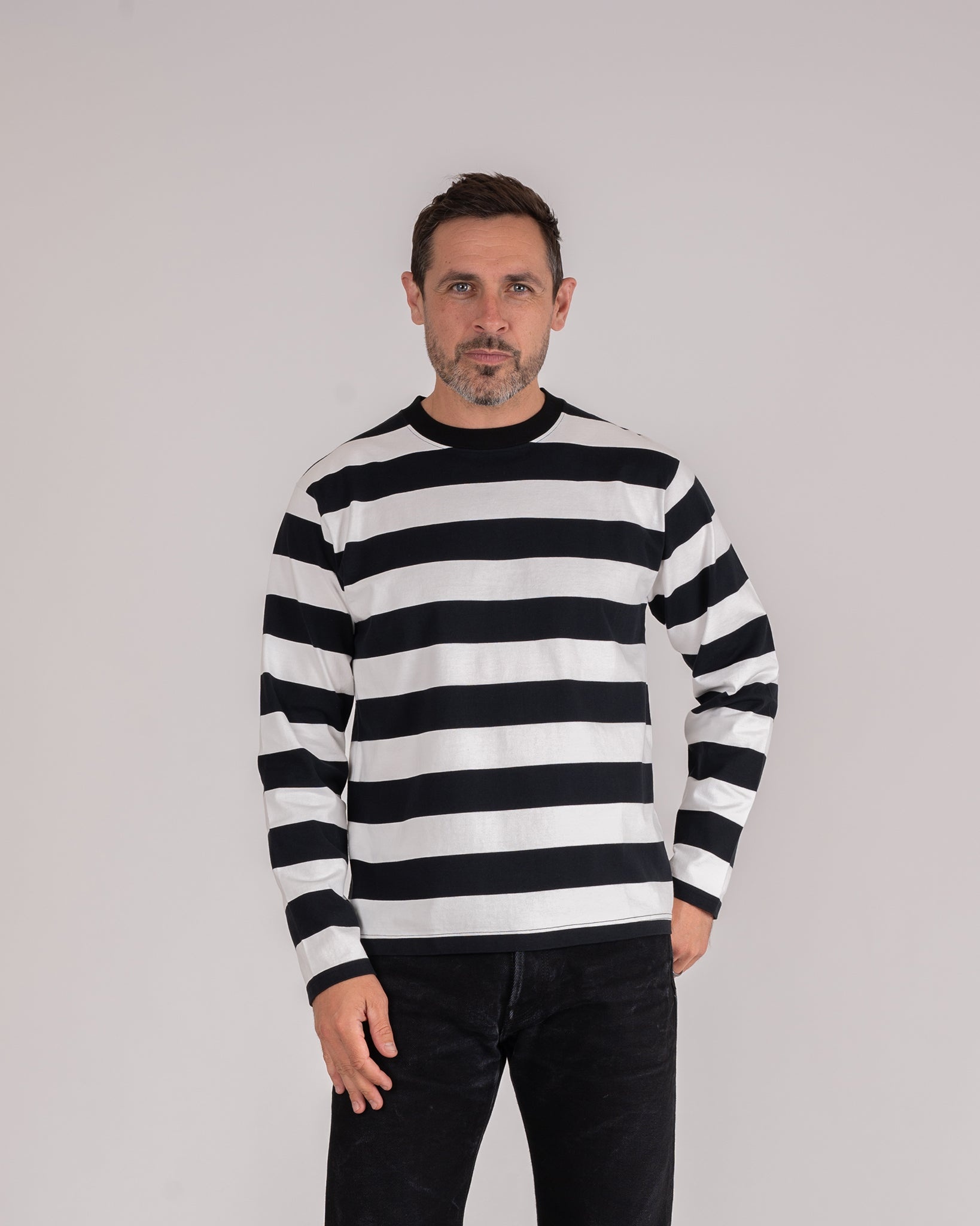 IHTB-09-BLK 7.5oz Cotton Long-Sleeved Crew Neck Border Tee - Black and White Stripes - 2