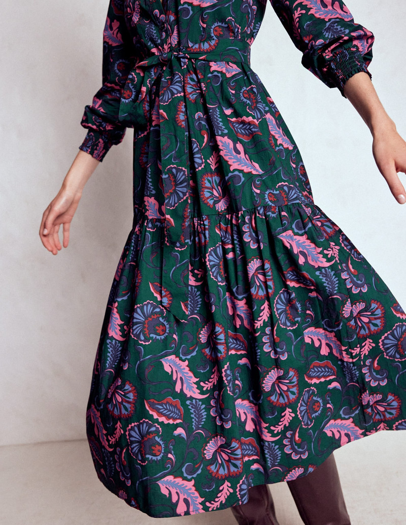 Cecily Cotton Midi Dress-Emerald Night, Ornate Meadow 3