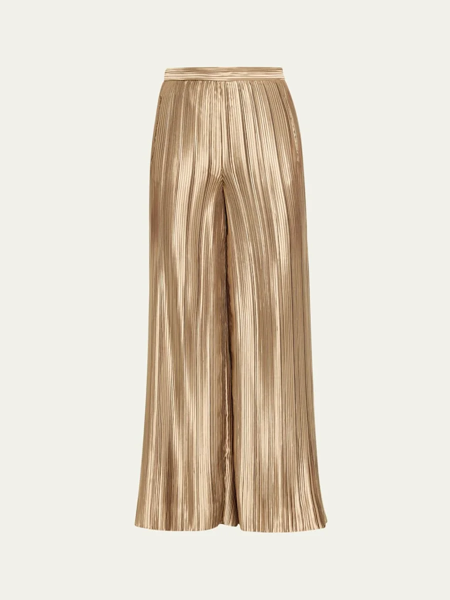 Metallic Plisse Satin Wide-Leg Pants - 1