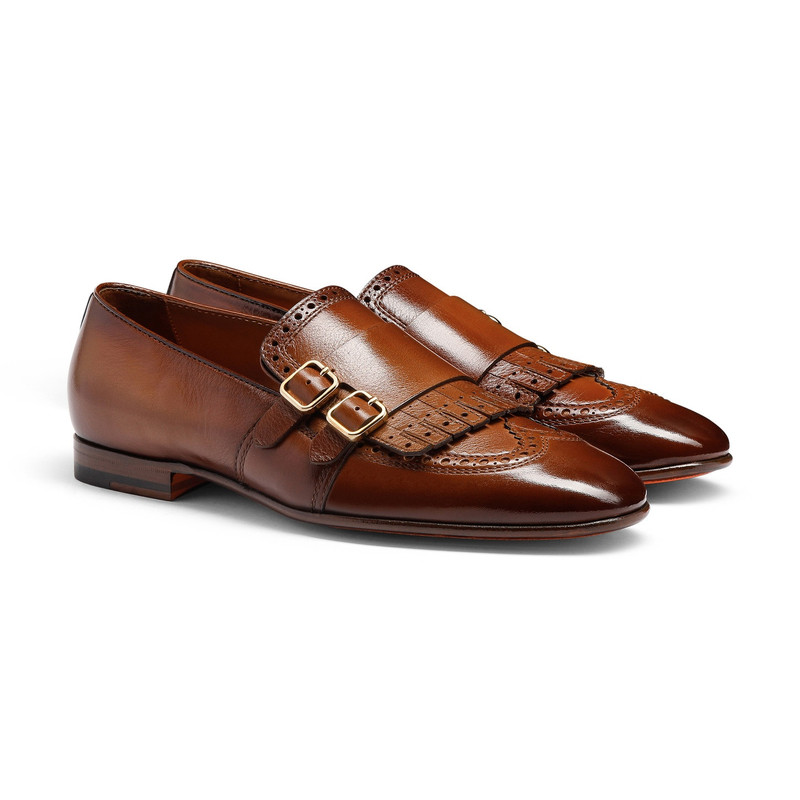 Santoni Men's orange leather double-buckle loafer with fringe outlook