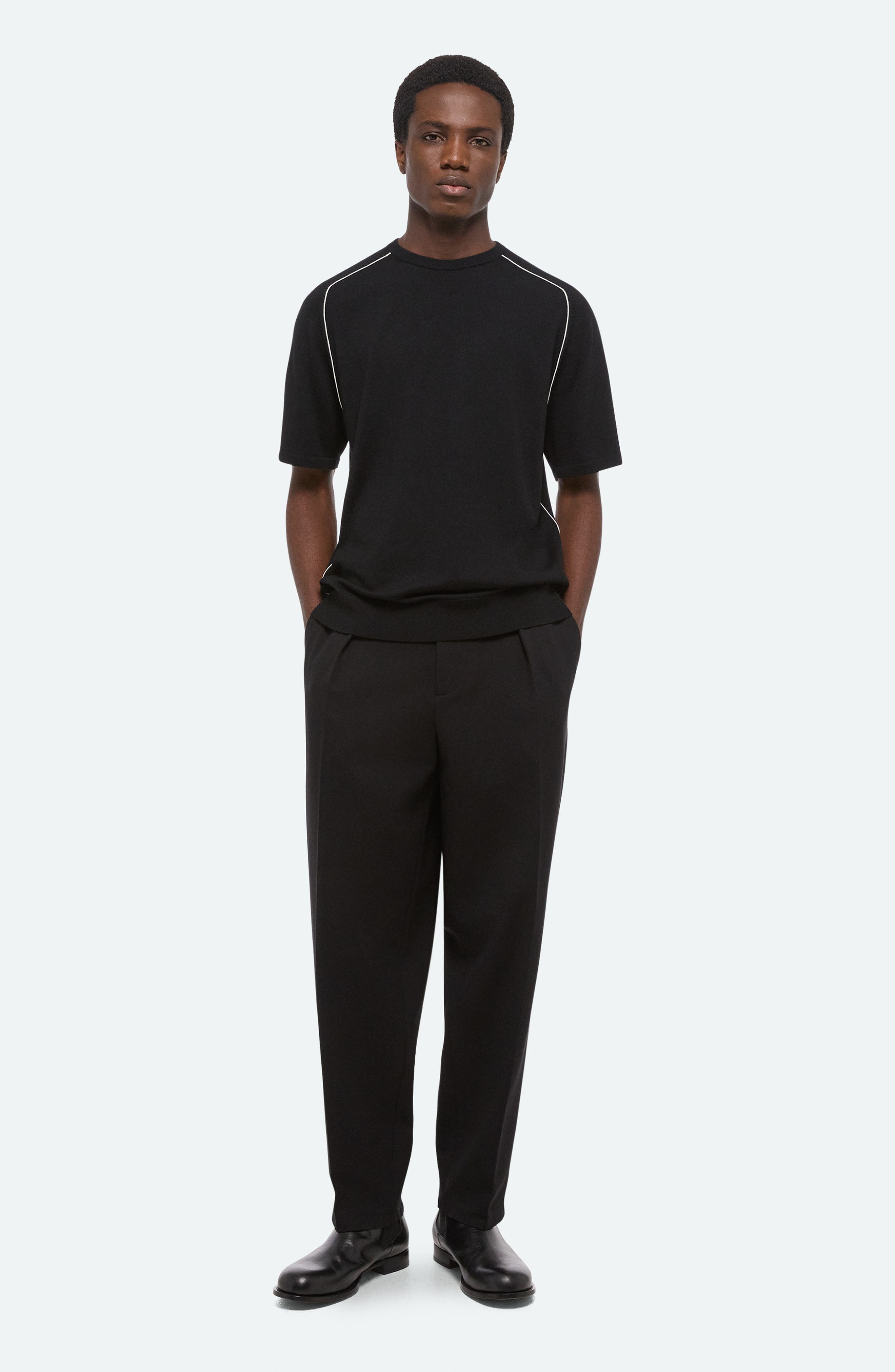 Helmut Lang Contrast Piping Wool T-Shirt in Black/Ivory - 8