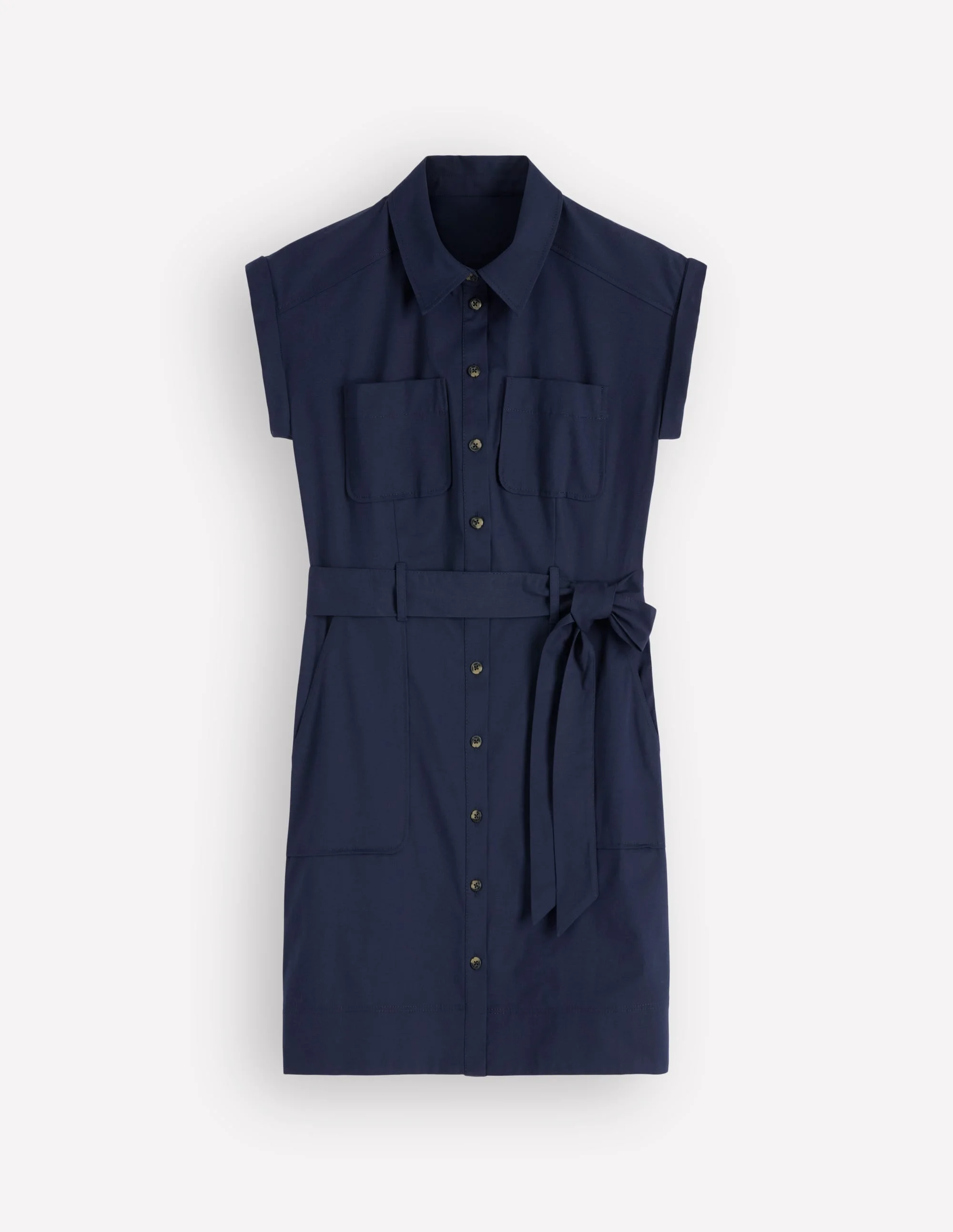 Short Belted Shirt Dress-Navy - 1