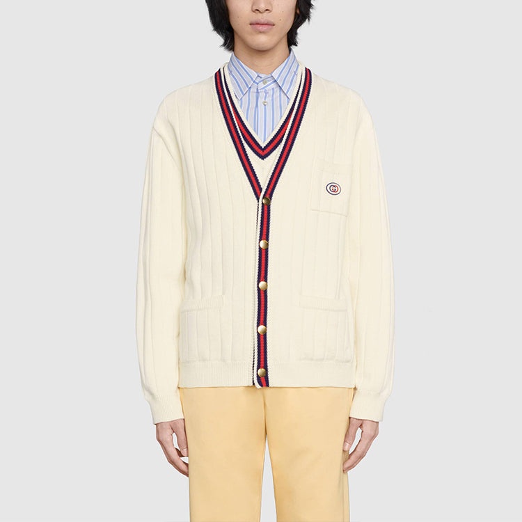 Gucci Knit Cotton V-Neck Cardigan With Web 'Ivory' 654984-XKBUR-9182 - 2