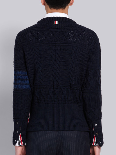 Thom Browne Navy Fine Merino Wool Aran Cable Tonal 4-Bar Crewneck Pullover outlook