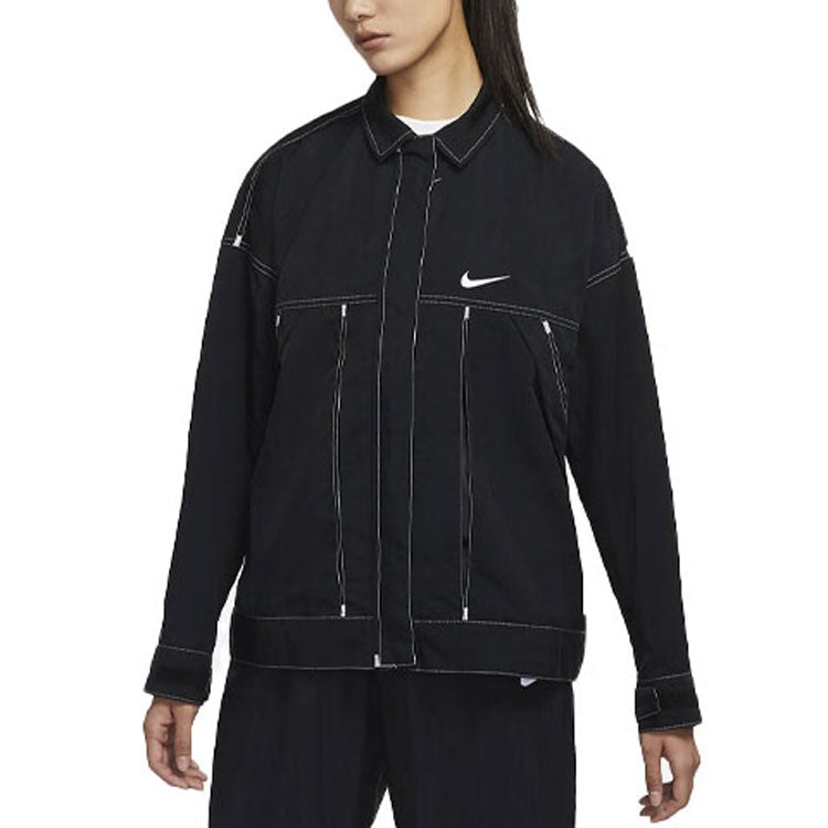 (WMNS) Nike SS22 Sportswear Swoosh Back Logo Printing Woven Jacket Autumn Black DM6204-010 - 4