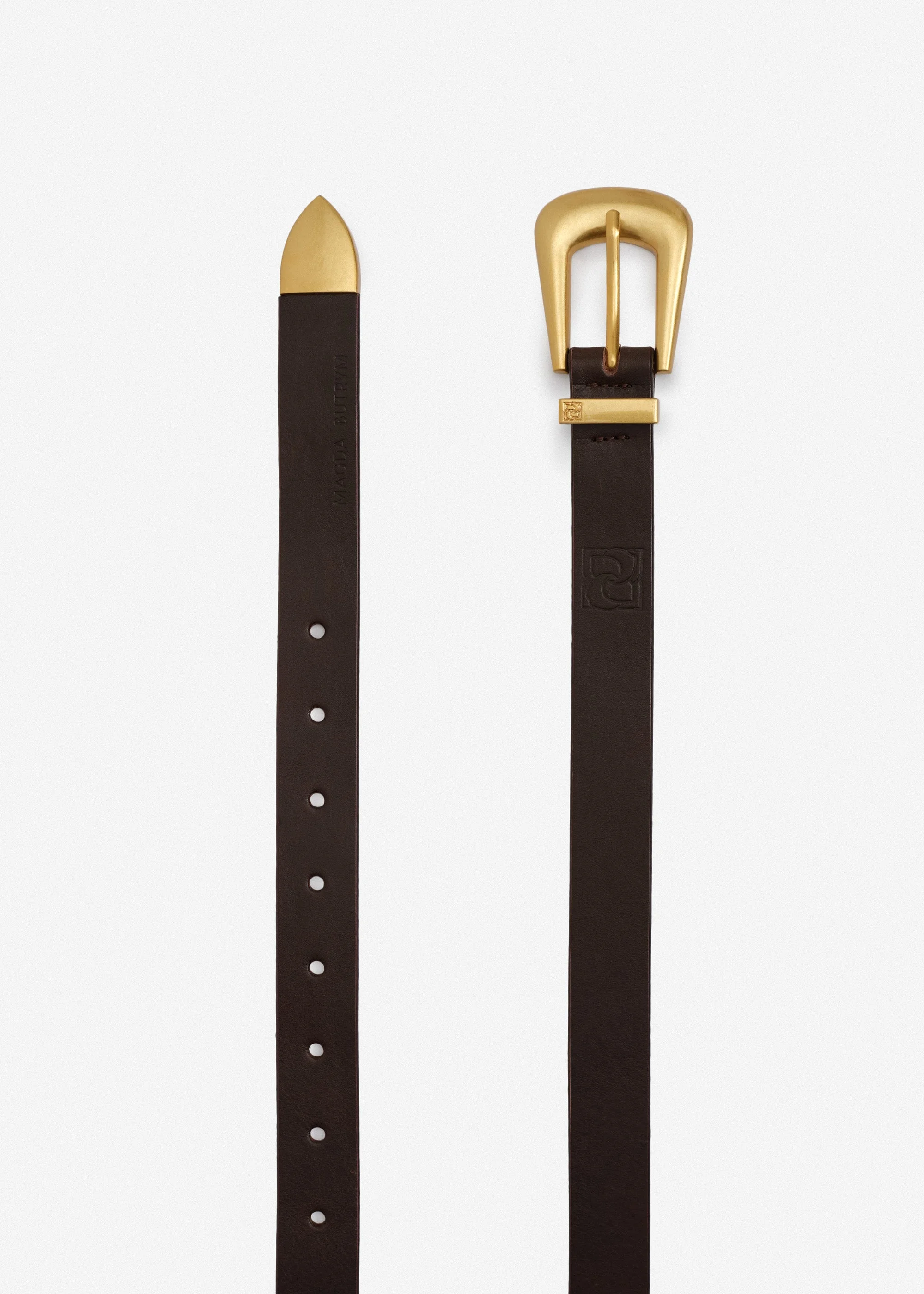 Rounded buckle leather belt in brown and gold - 1