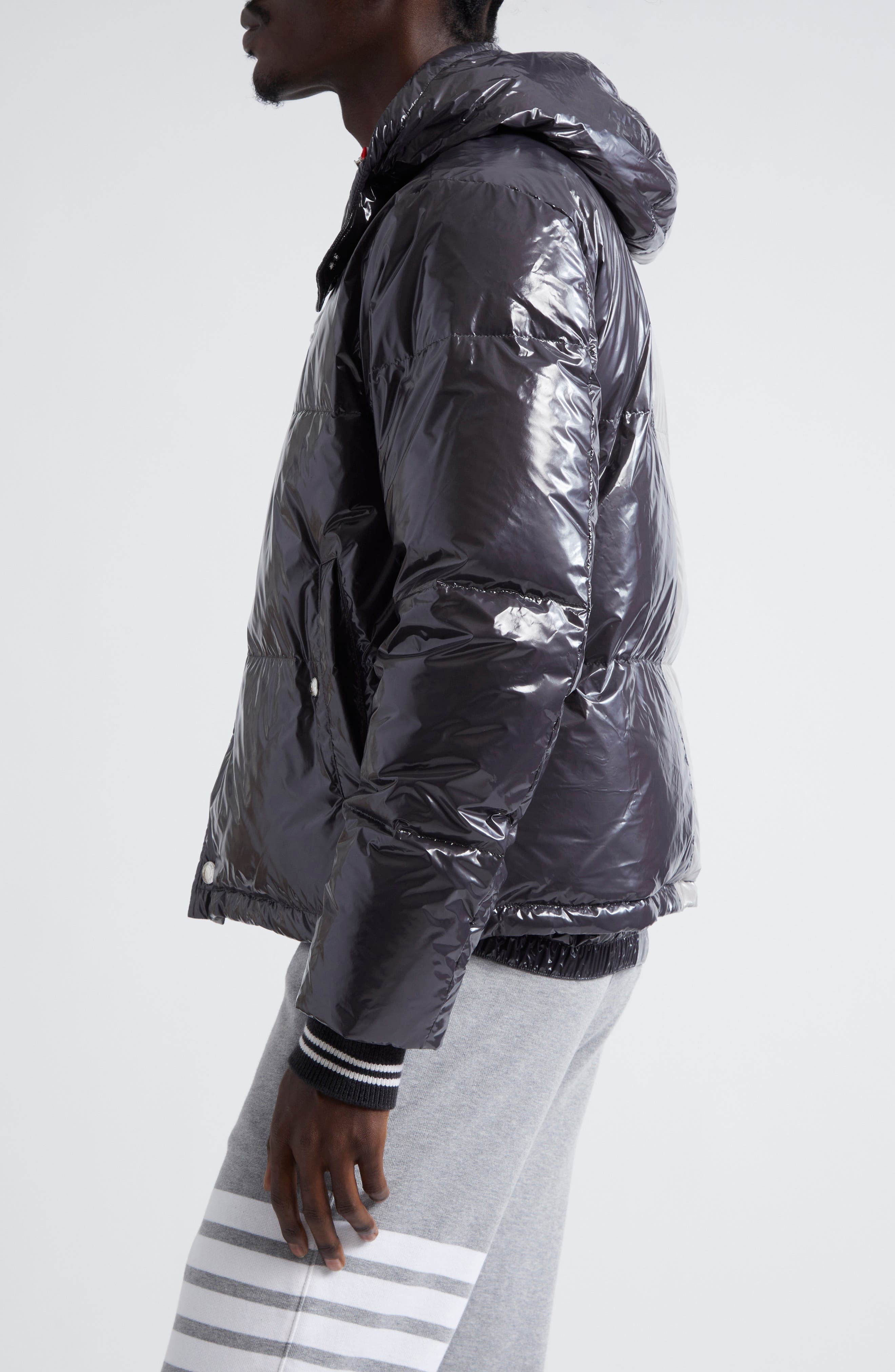 Thom Browne Colorblock Down Puffer Jacket with Removable Hood in Light Grey at Nordstrom - 4