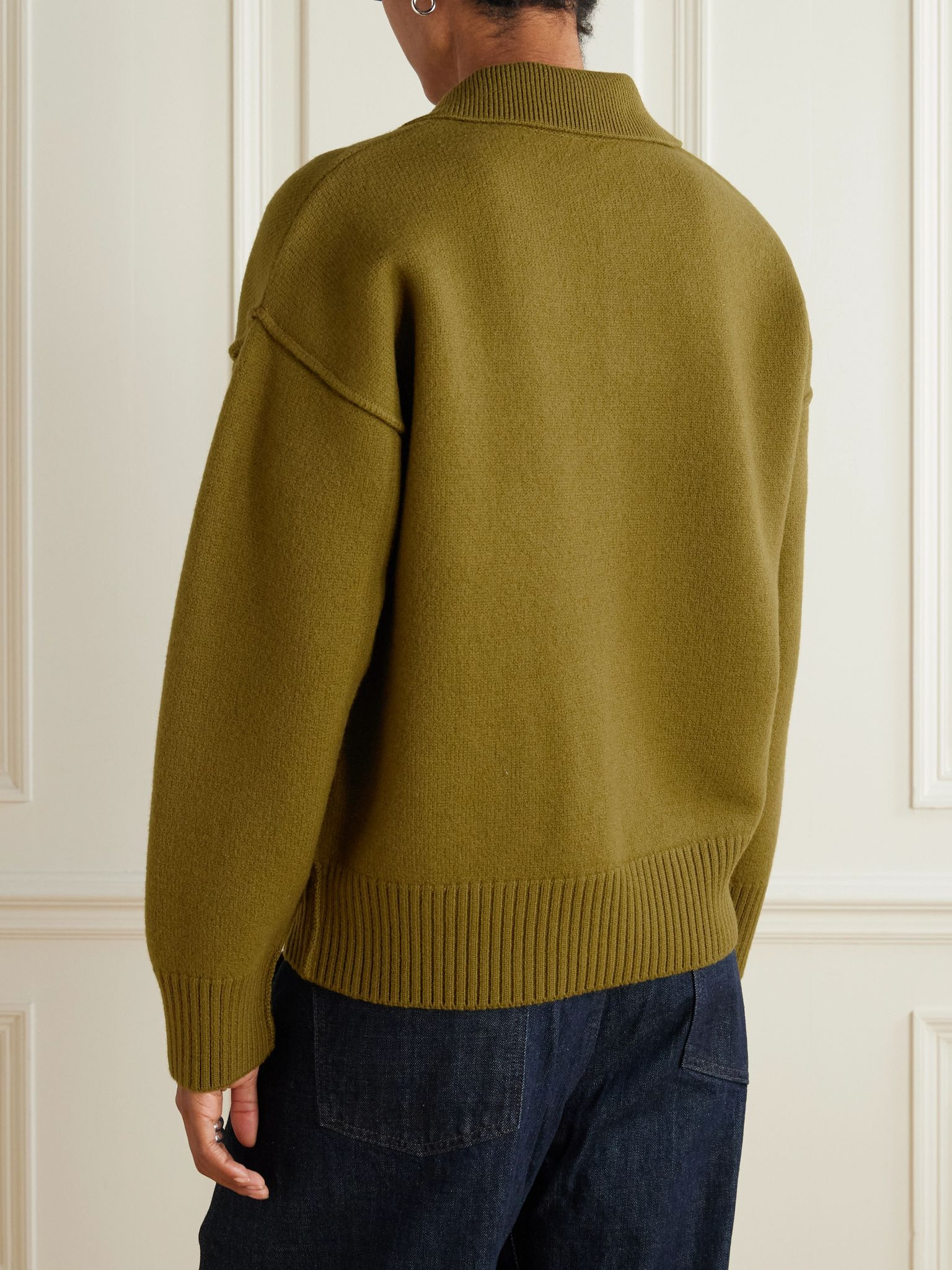 Intarsia wool polo sweater Army green - 4