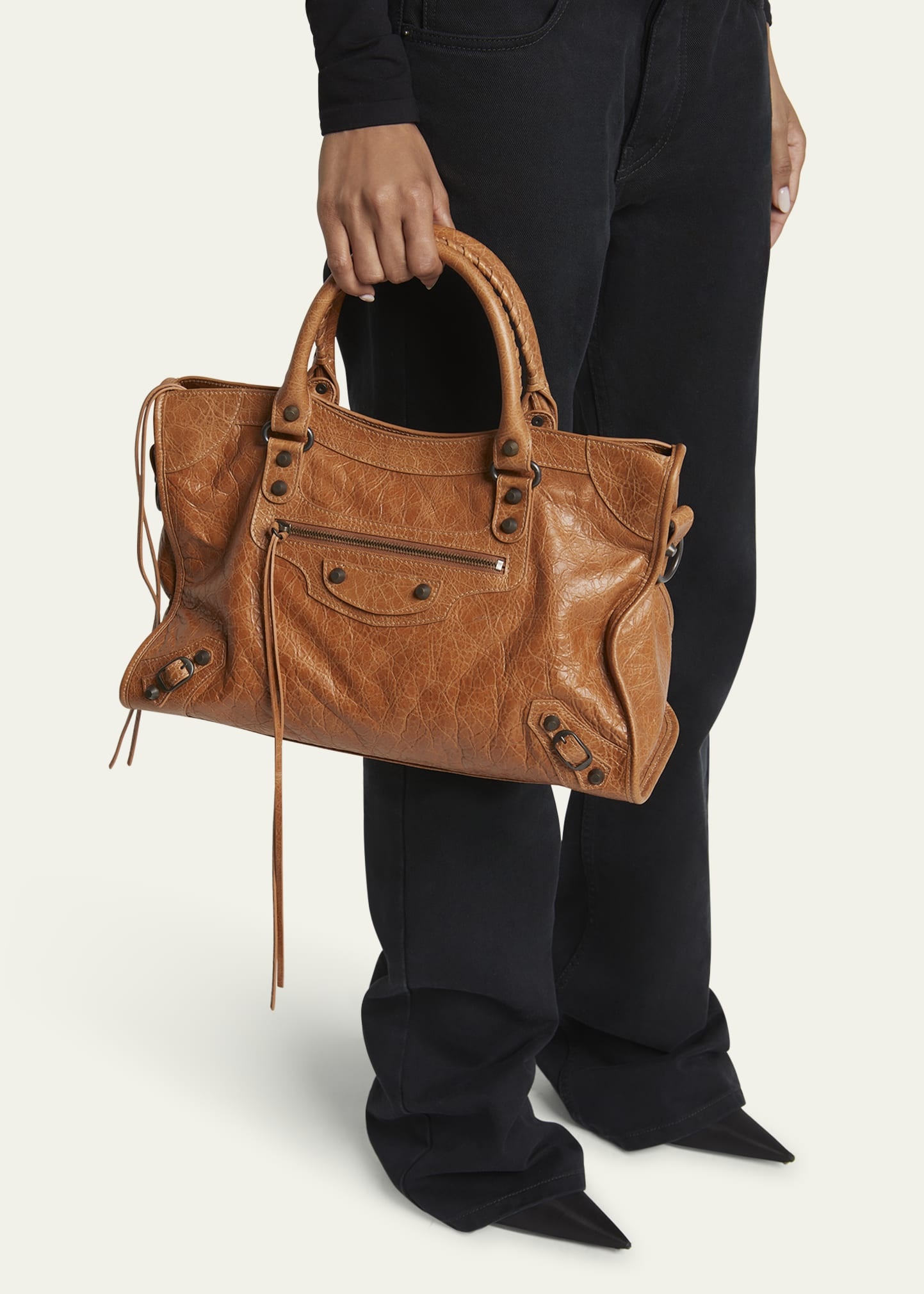 BALENCIAGA Le City Medium Crinkled Leather Top-Handle Bag