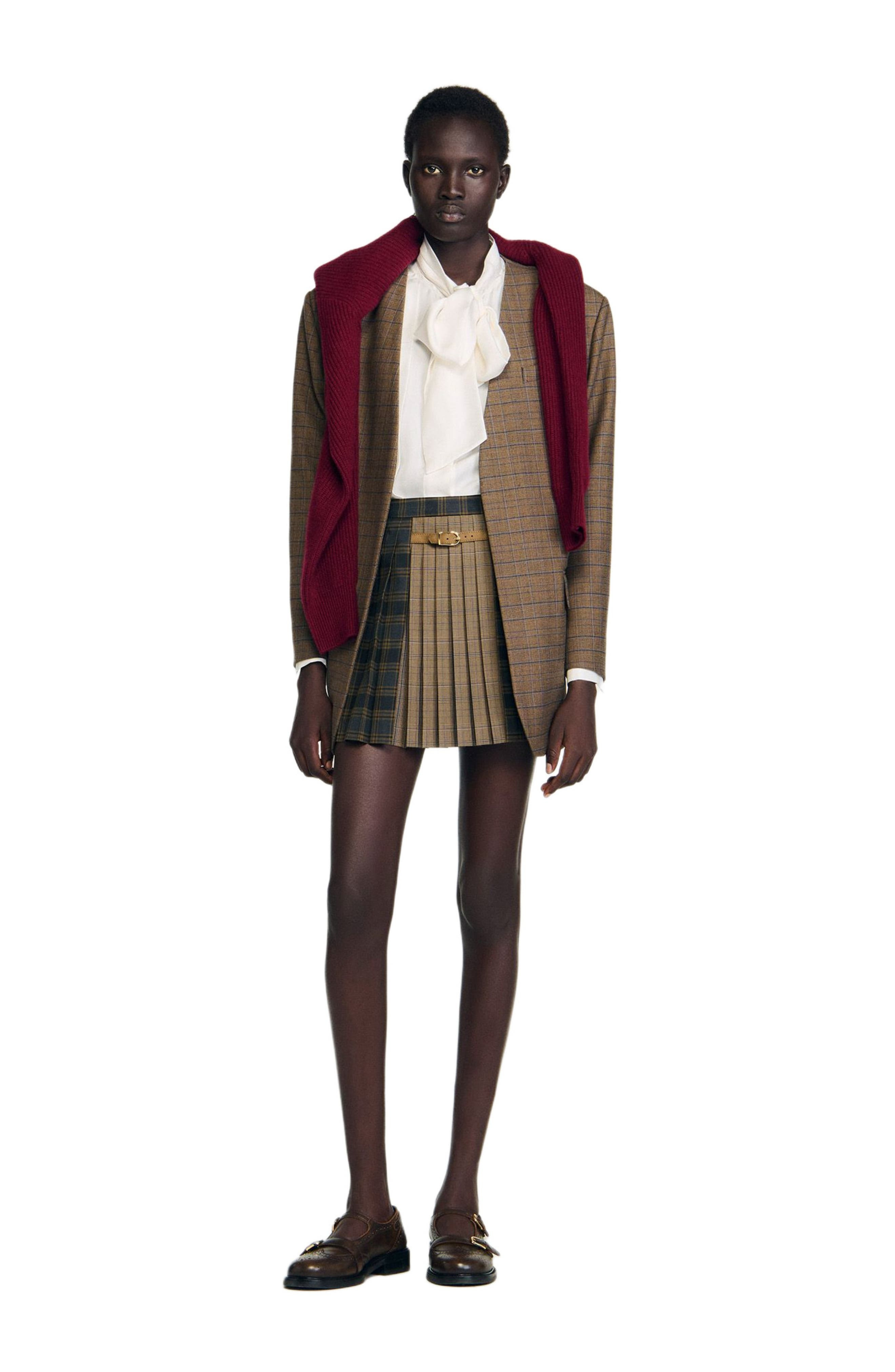 SANDRO Short checked pleated skirt in Ocher /Blue at Nordstrom - 7