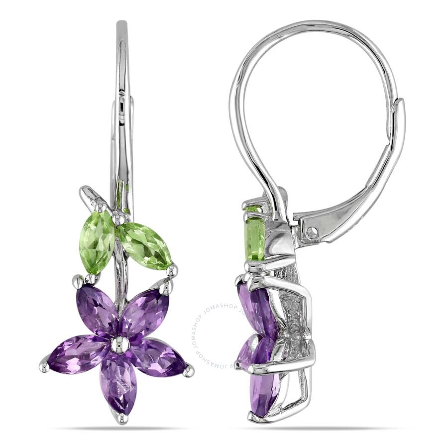 Amour - AMOUR 1 4/5 CT TGW Amethyst and Peridot Floral Leverback Earrings In Sterling Silver - 1