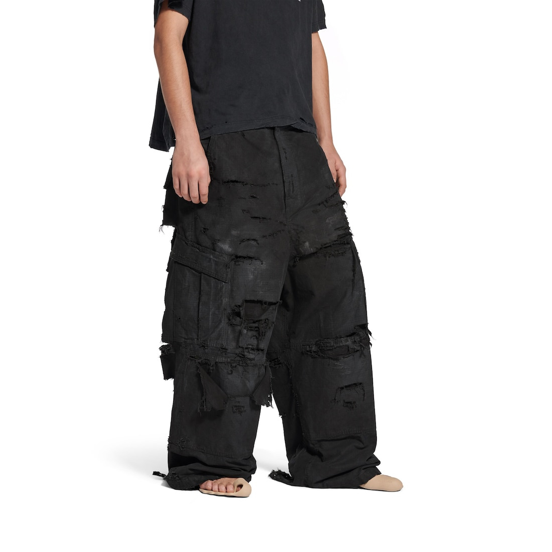 Men's Distressed Large Cargo Pants in Black - 6