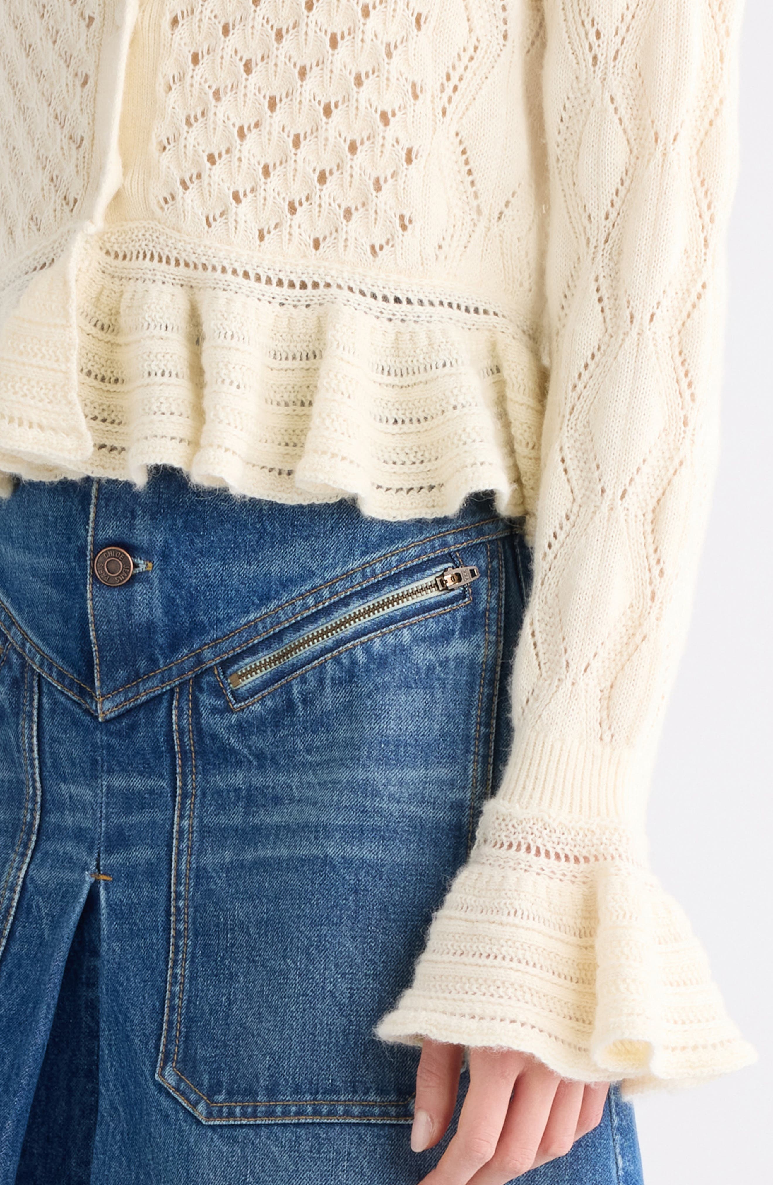 Chloé Mixed Pointelle Stitch Cotton, Alpaca & Silk Blend Cardigan in Iconic Milk at Nordstrom - 5