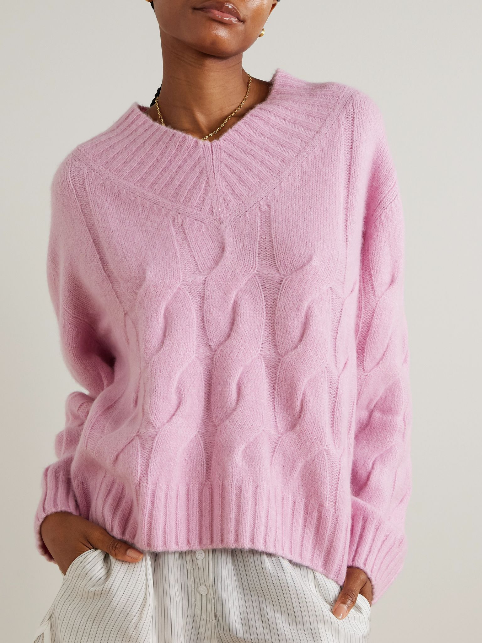 Cable-knit cashmere and silk-blend sweater Pink - 3