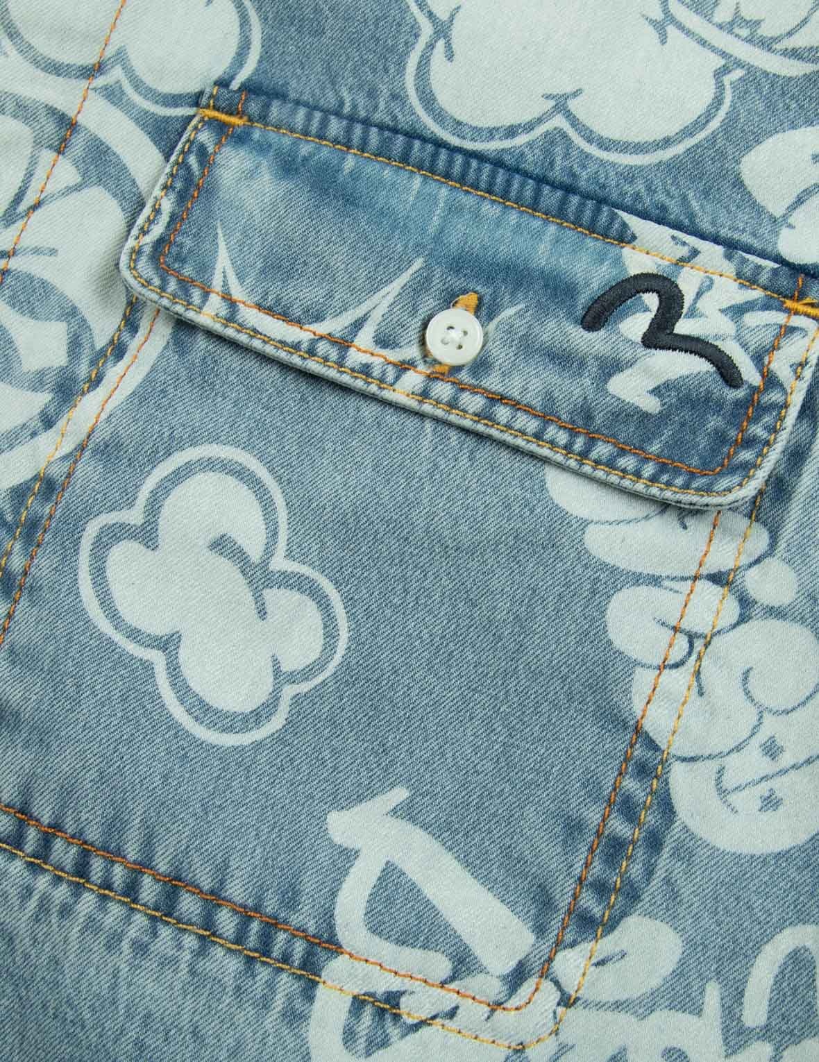 ALLOVER GRAFFITI DARUMA AND LOGO DISCHARGED-PRINT DENIM SHIRT - 8