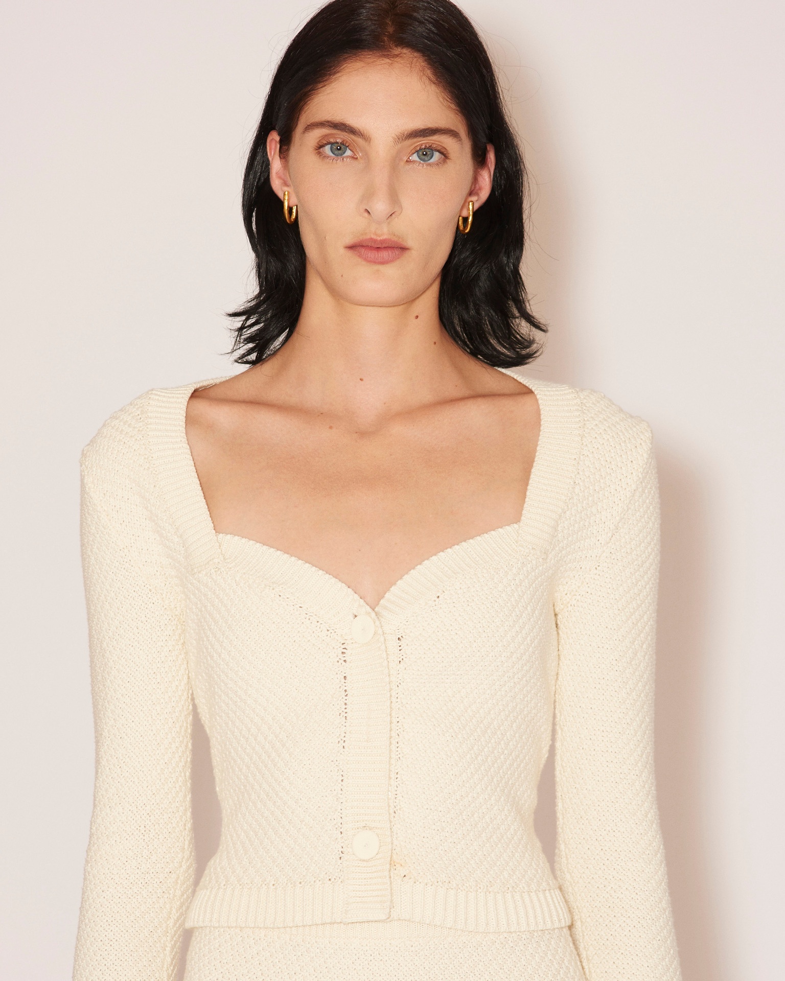 KAYA - Cotton-tweed textured sweetheart neck jacket - Creme - 5