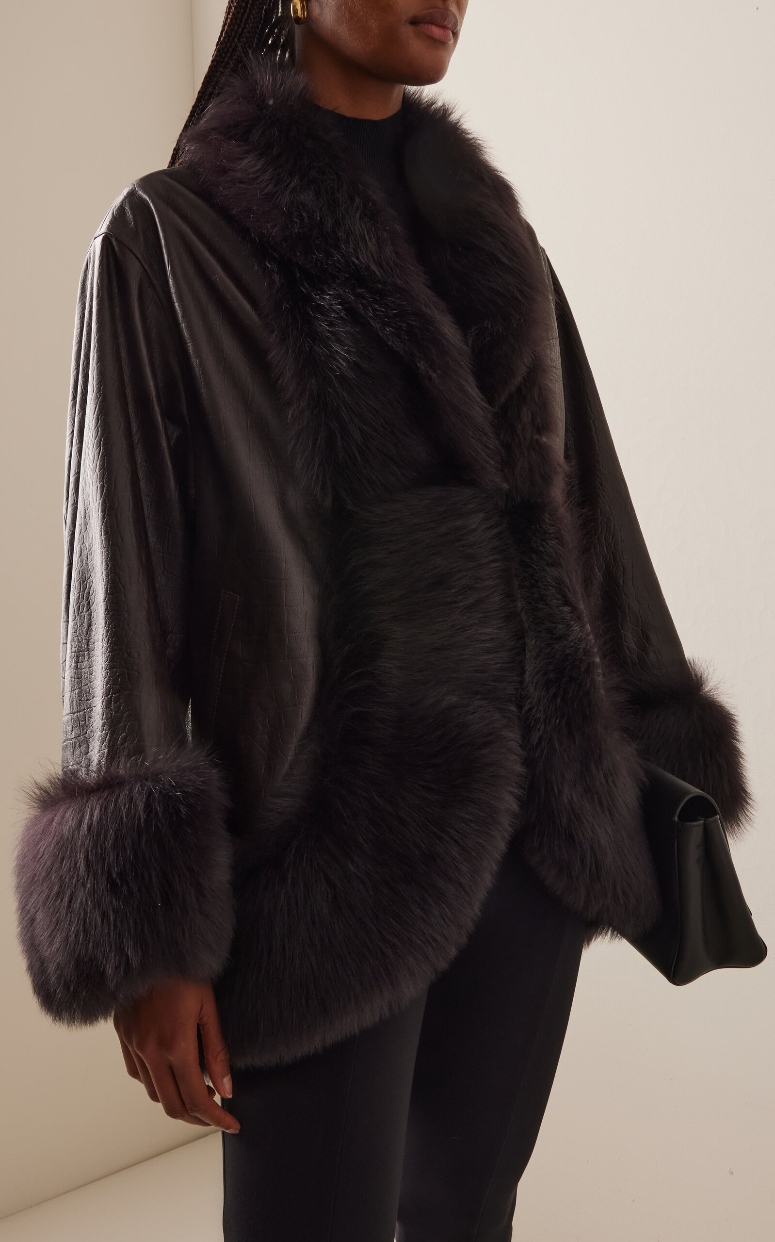 Sabine Shearling-Trimmed Croc-Effect Leather Coat brown - 3
