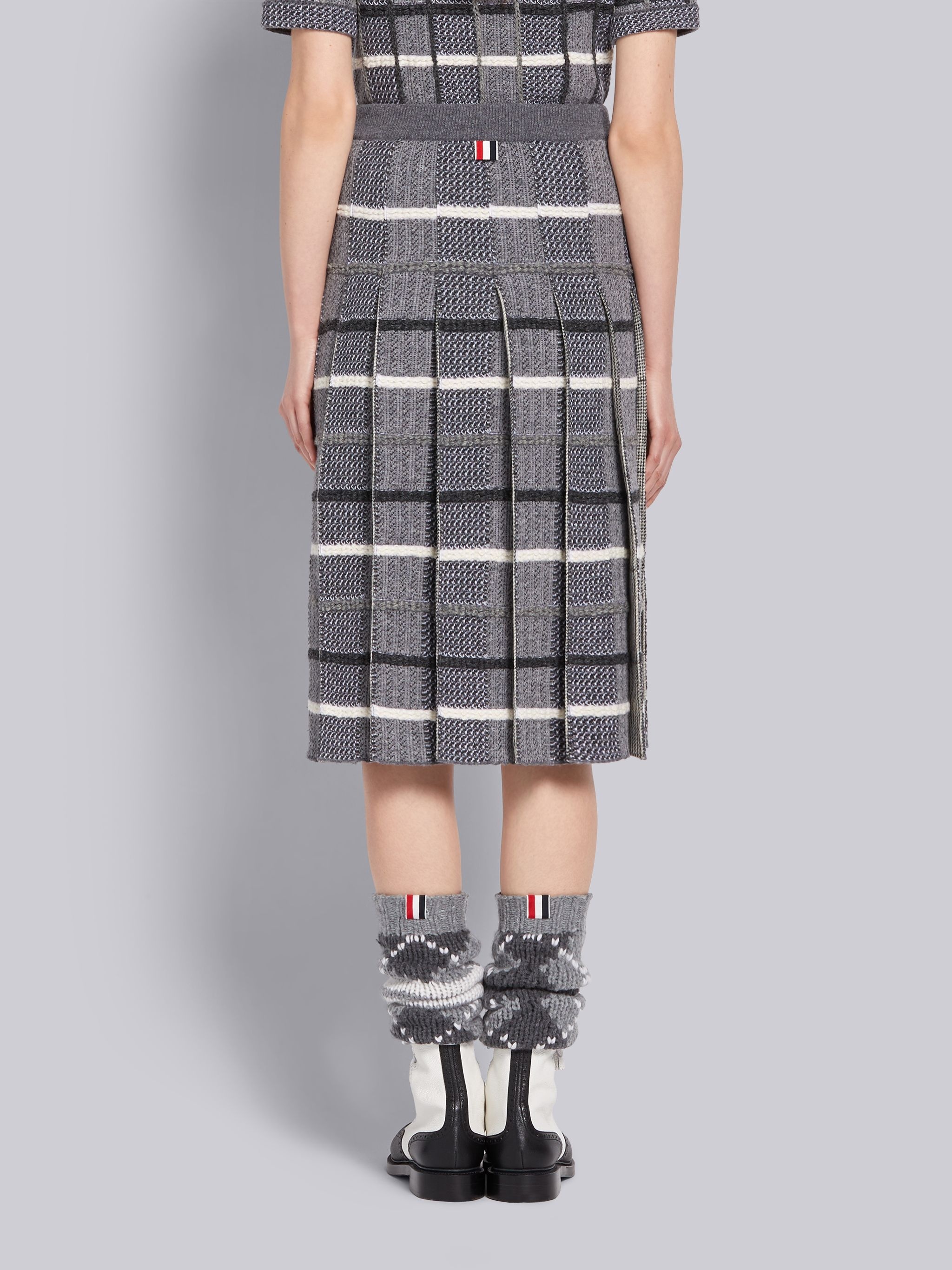 Tonal Grey Shetland Merino Wool Check Jacquard Inlay Pleated Skirt - 3