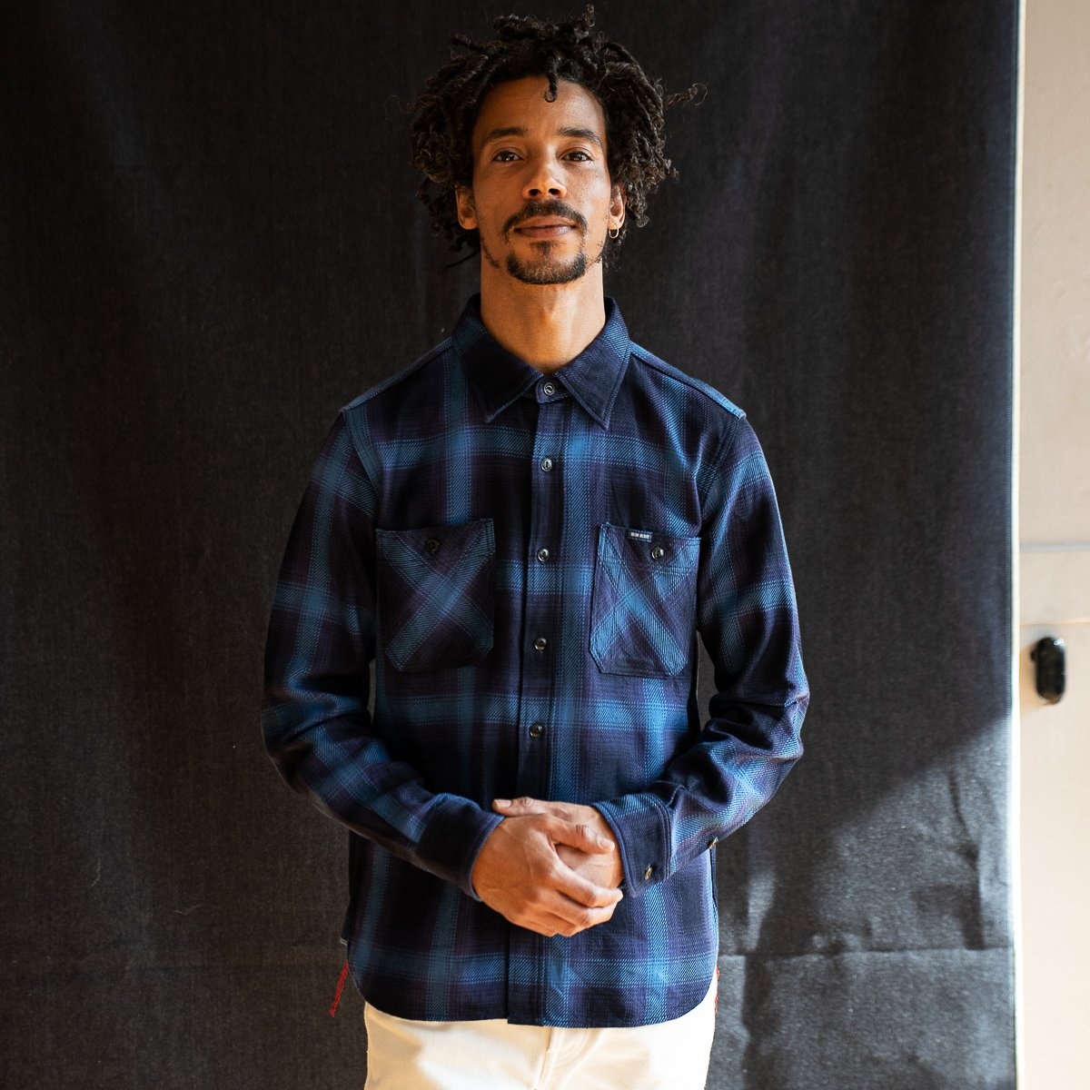 IHSH-349-IND 9oz Selvedge Ombré Check Work Shirt - Indigo - 4