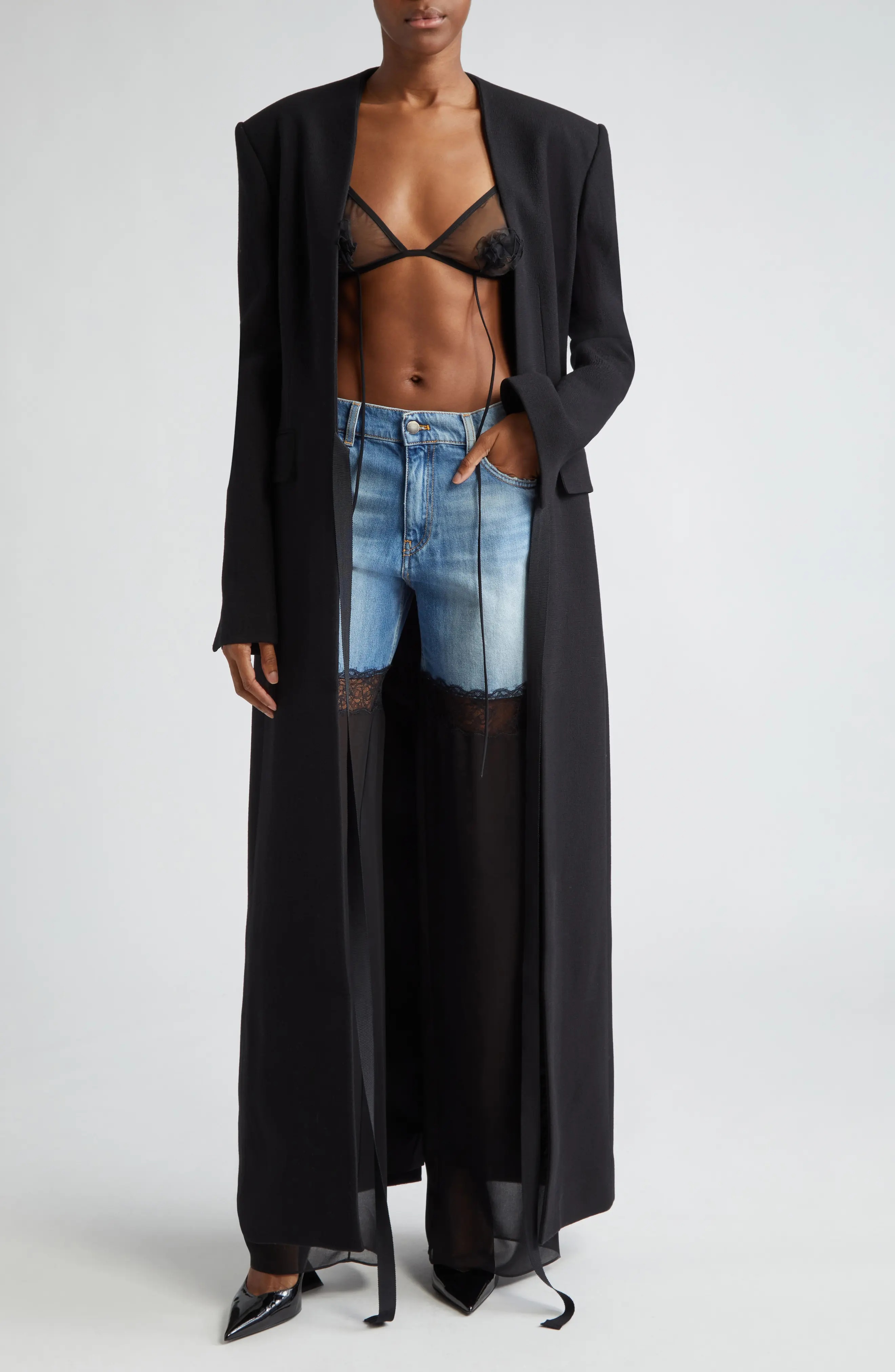 NENSI DOJAKA Sheer Tulle Inset High Waist Nonstretch Wide