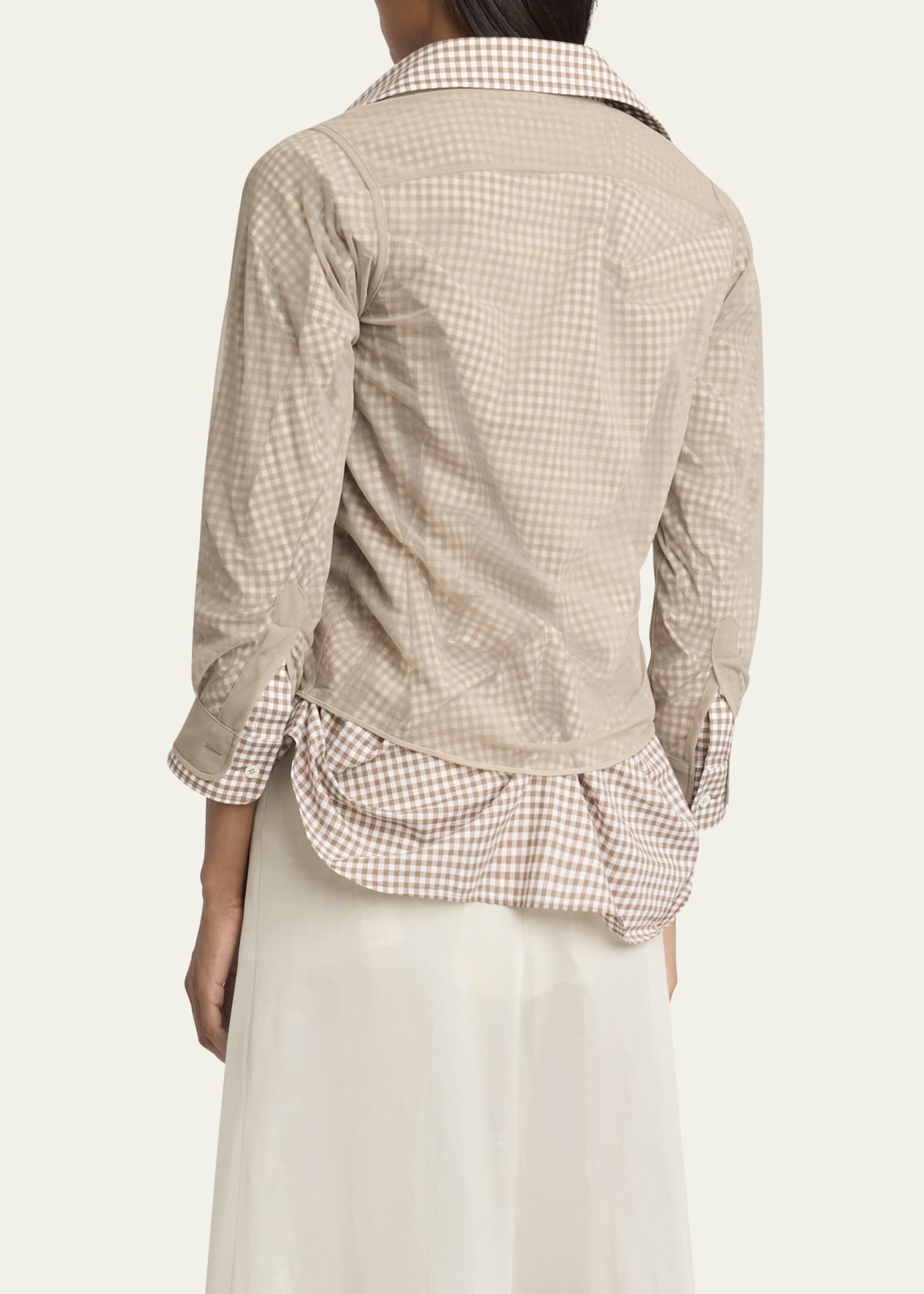 Ruched Hybrid Check Button Down Blouse - 3