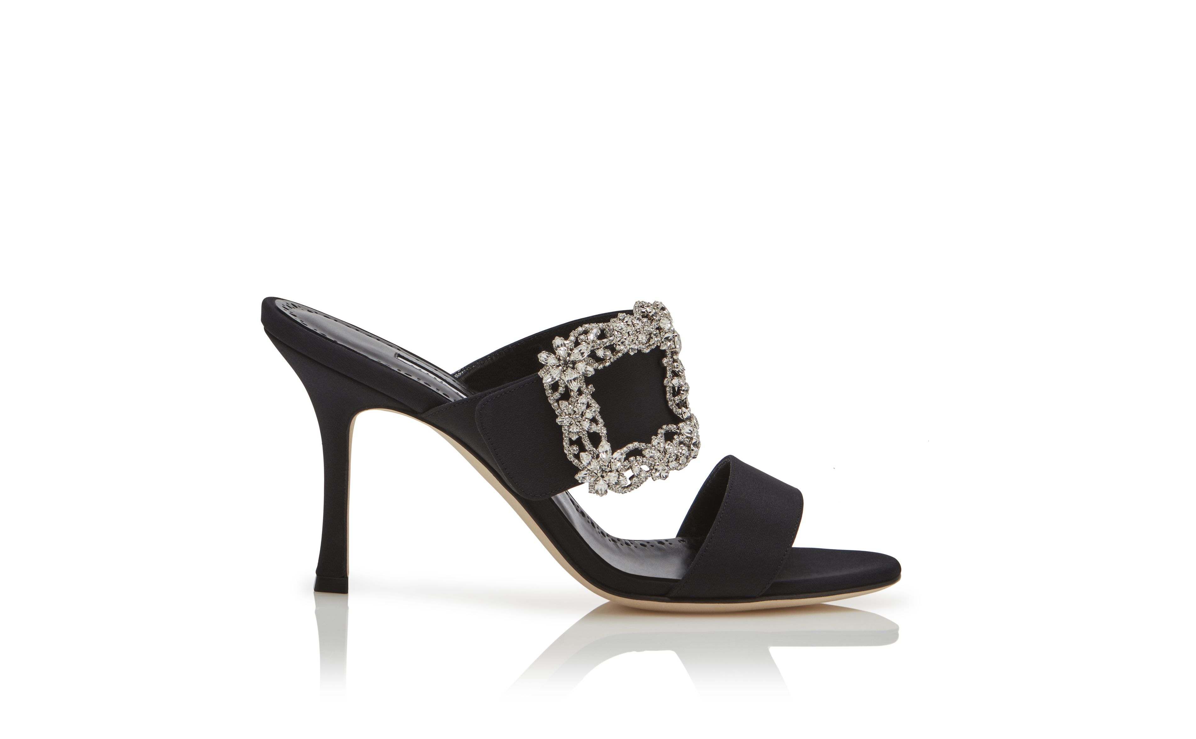 Black Crepe de Chine Jewel Buckle Mules - 1