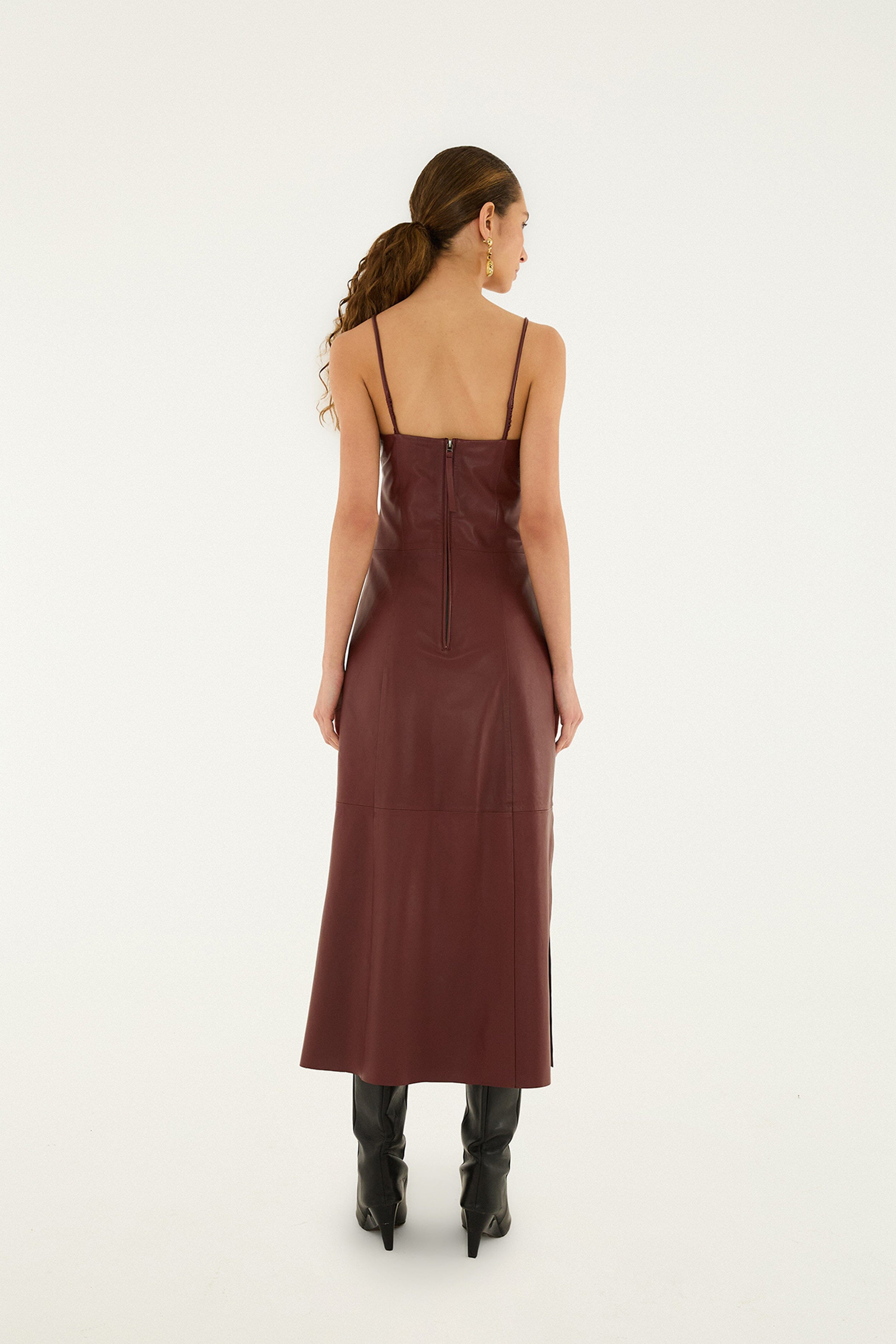 Burgundy 3D Flower Side Slit Leather Midi Dress - 3