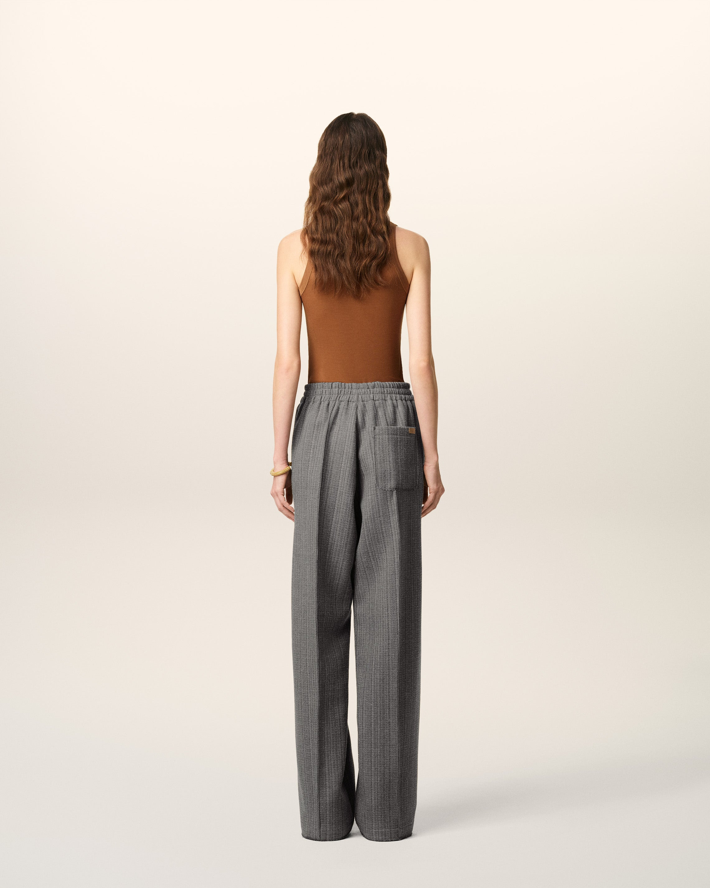 GREY WOOL HERRINGBONE ELASTICATED TROUSERS - 4