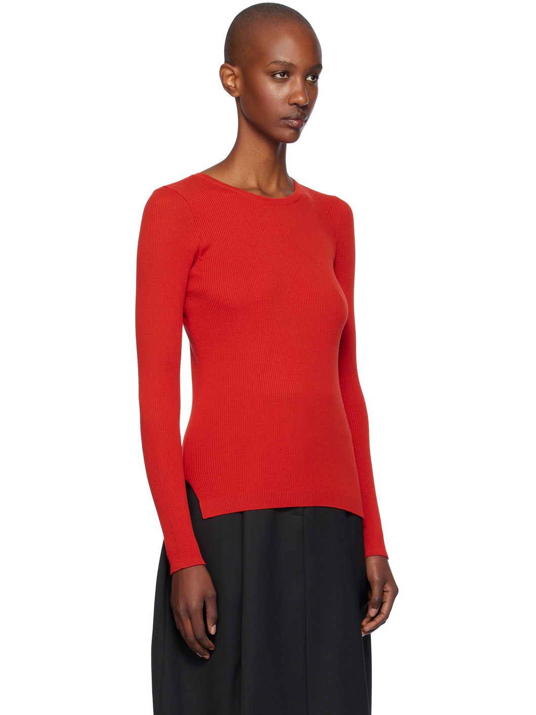 Red Wool Soft Rib Crew Neck Sweater - 2