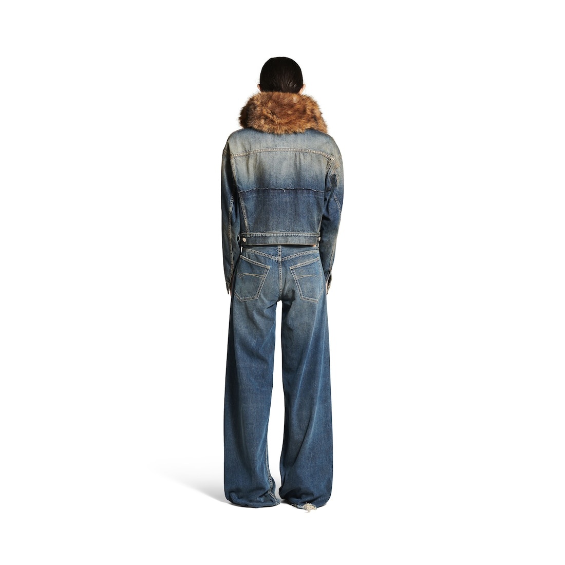 Women's Faux-fur Collar Denim Jacket in Dark Blue - 4