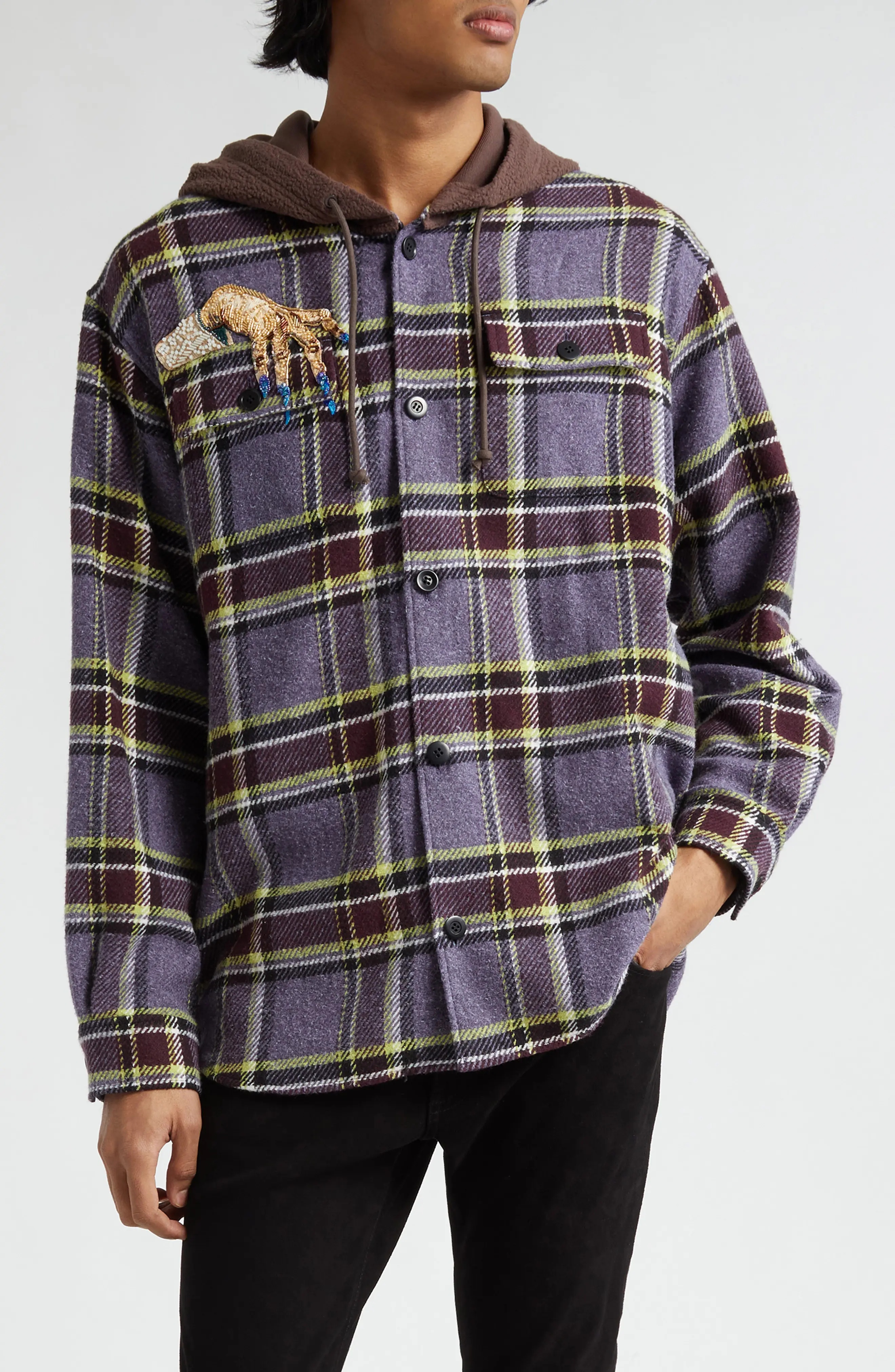 Beaded Hooded Plaid Button-Up Shirt - 1