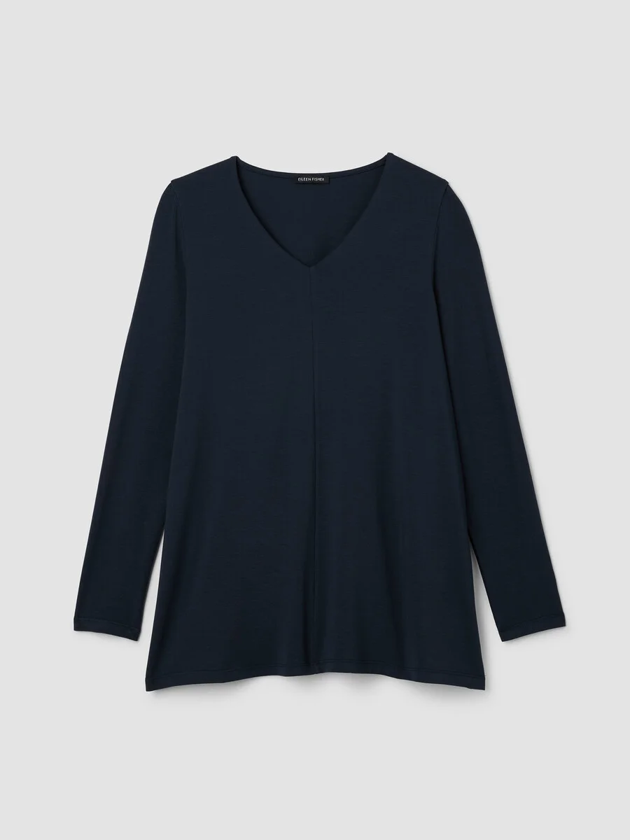 Fine Stretch Jersey Knit V-Neck Long Top - 1