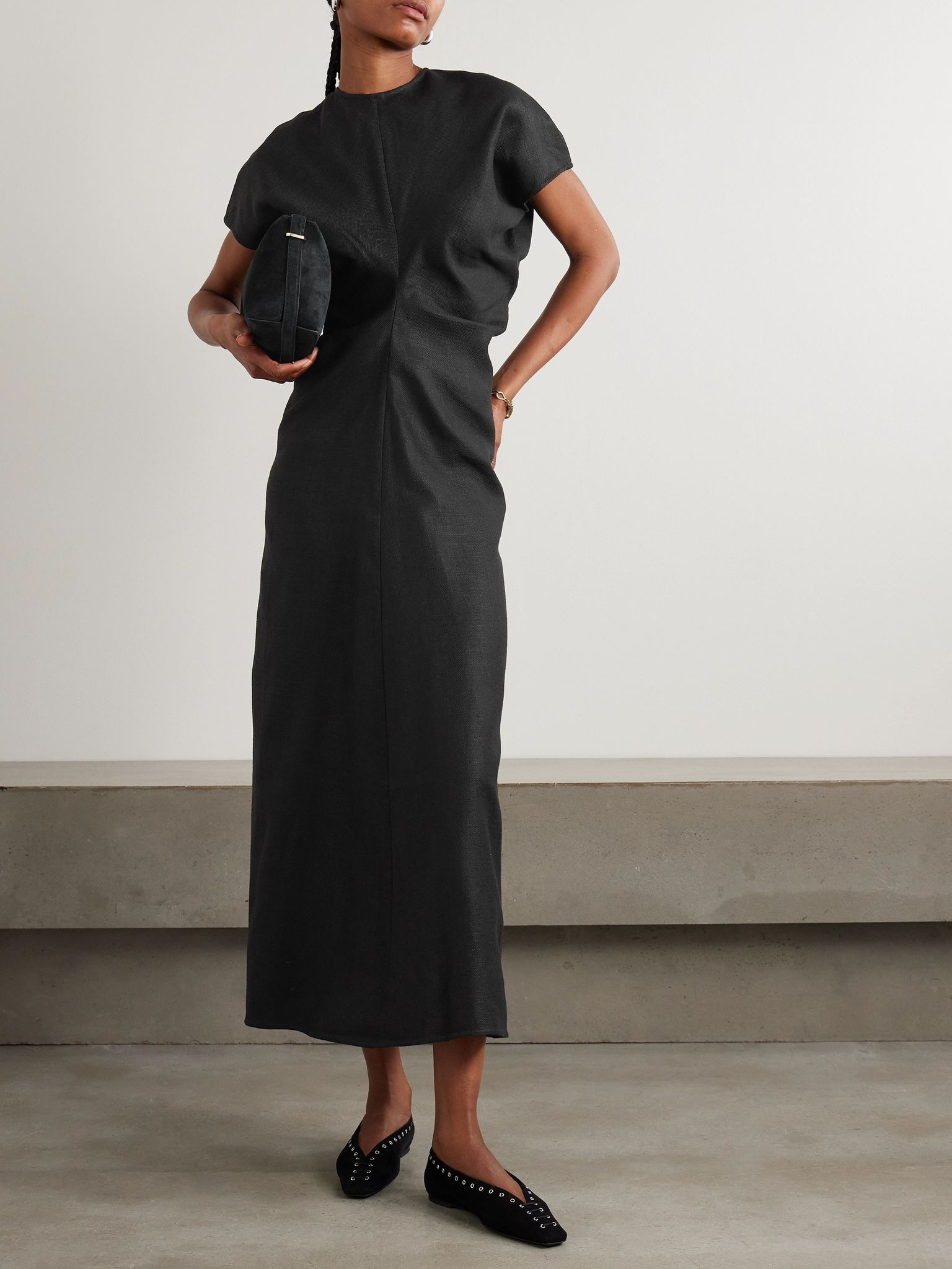Gathered woven midi dress Black - 2