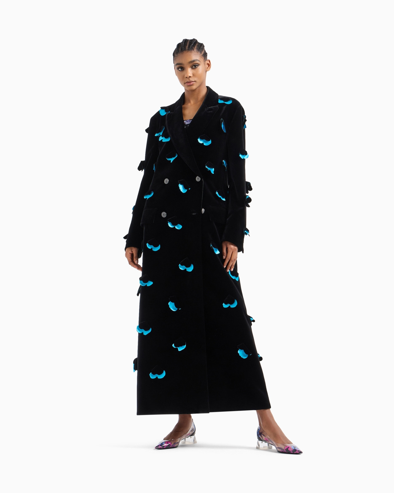 LONG, VELVET SINGLE-BREASTED COAT WITH APPLIED FLOWERS - 4
