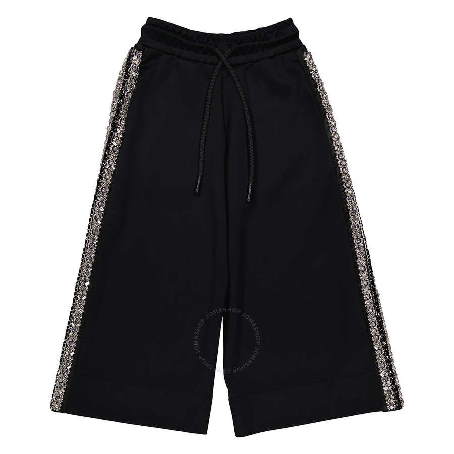Burberry Ladies Black Crystal Detail Wide-leg Jersey Cropped Track Pants - 1