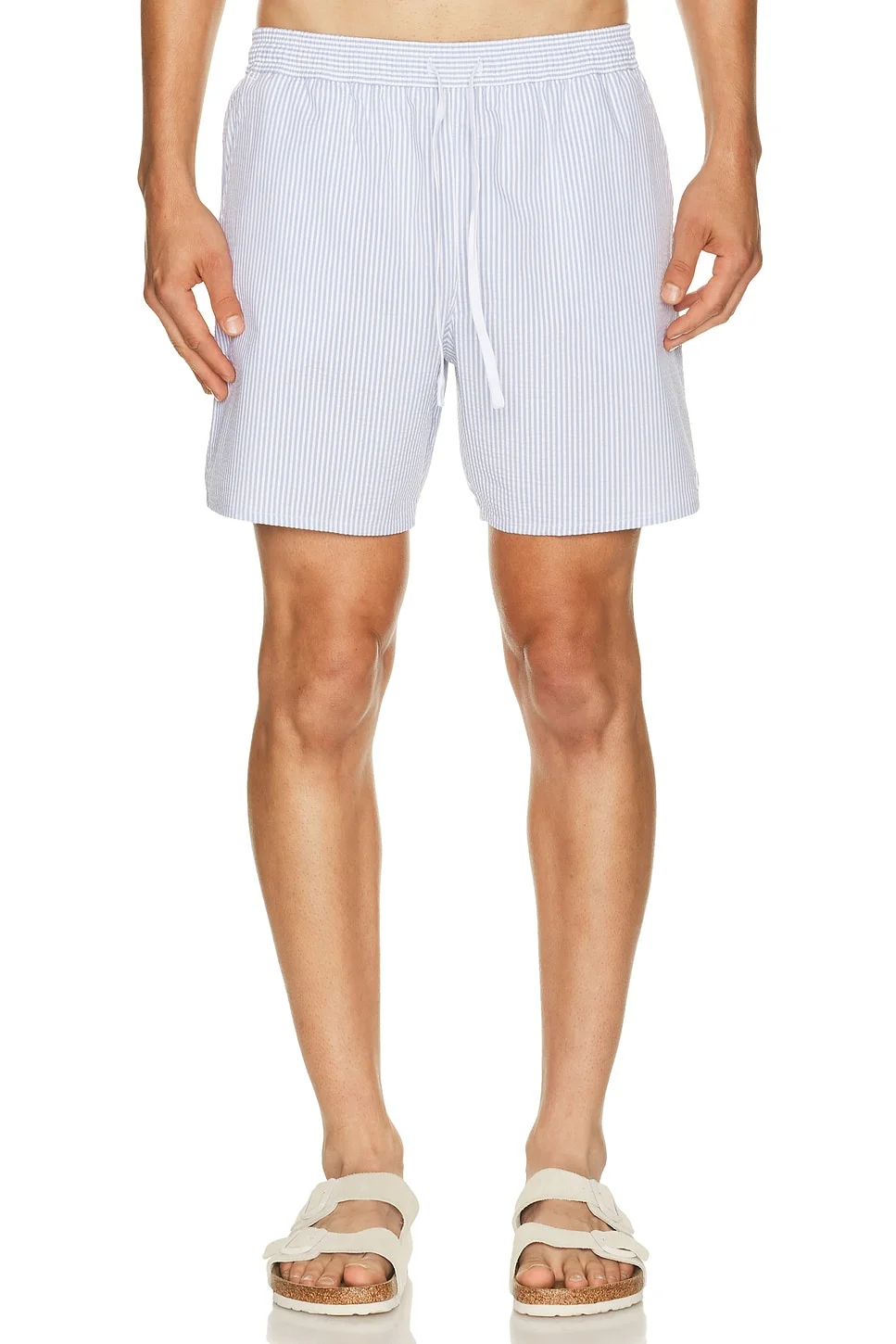 Mid Length Striped Textured Swim Trunks - 1