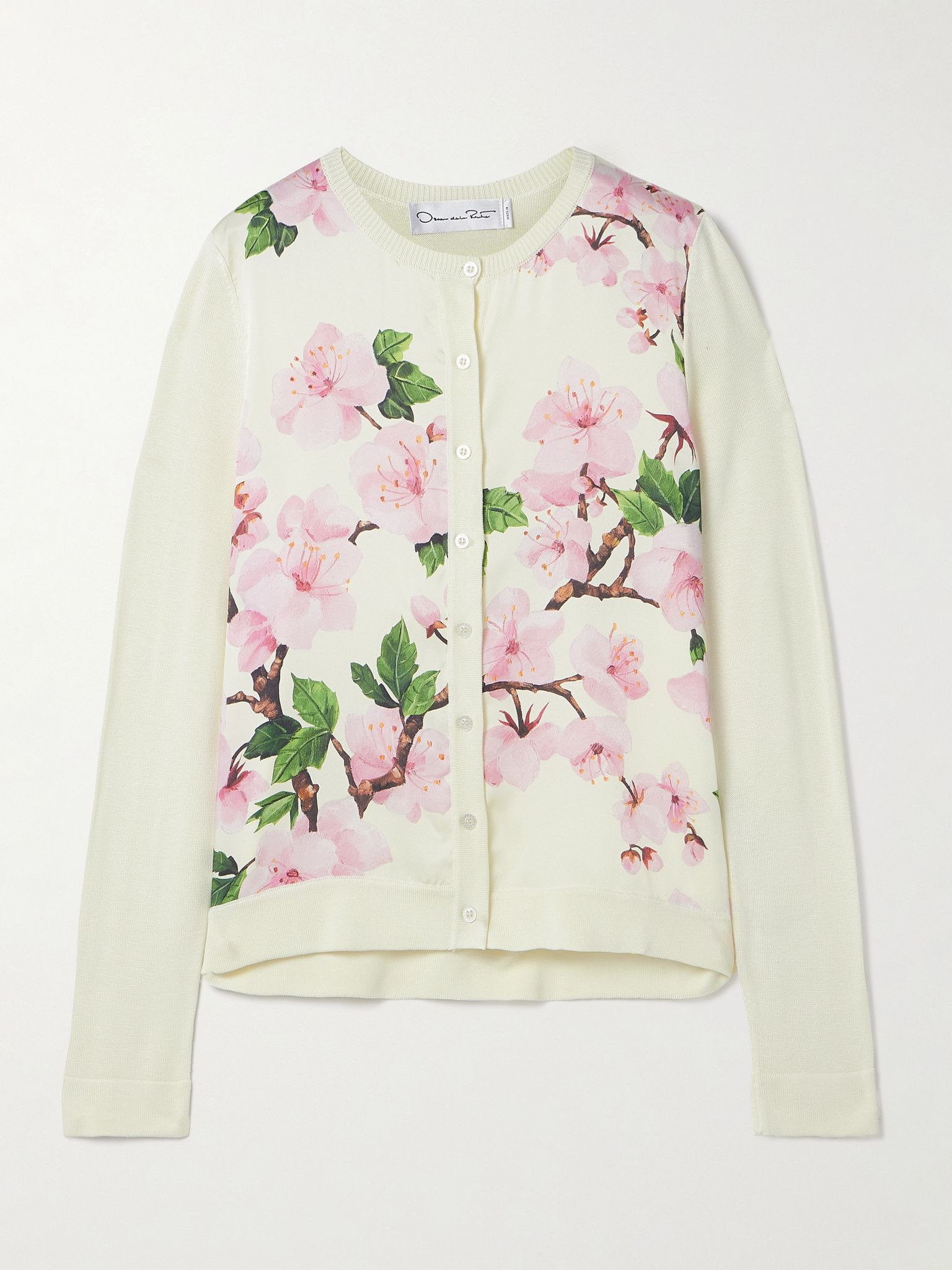 Paneled knitted and floral-print silk-blend twill cardigan Ecru - 1