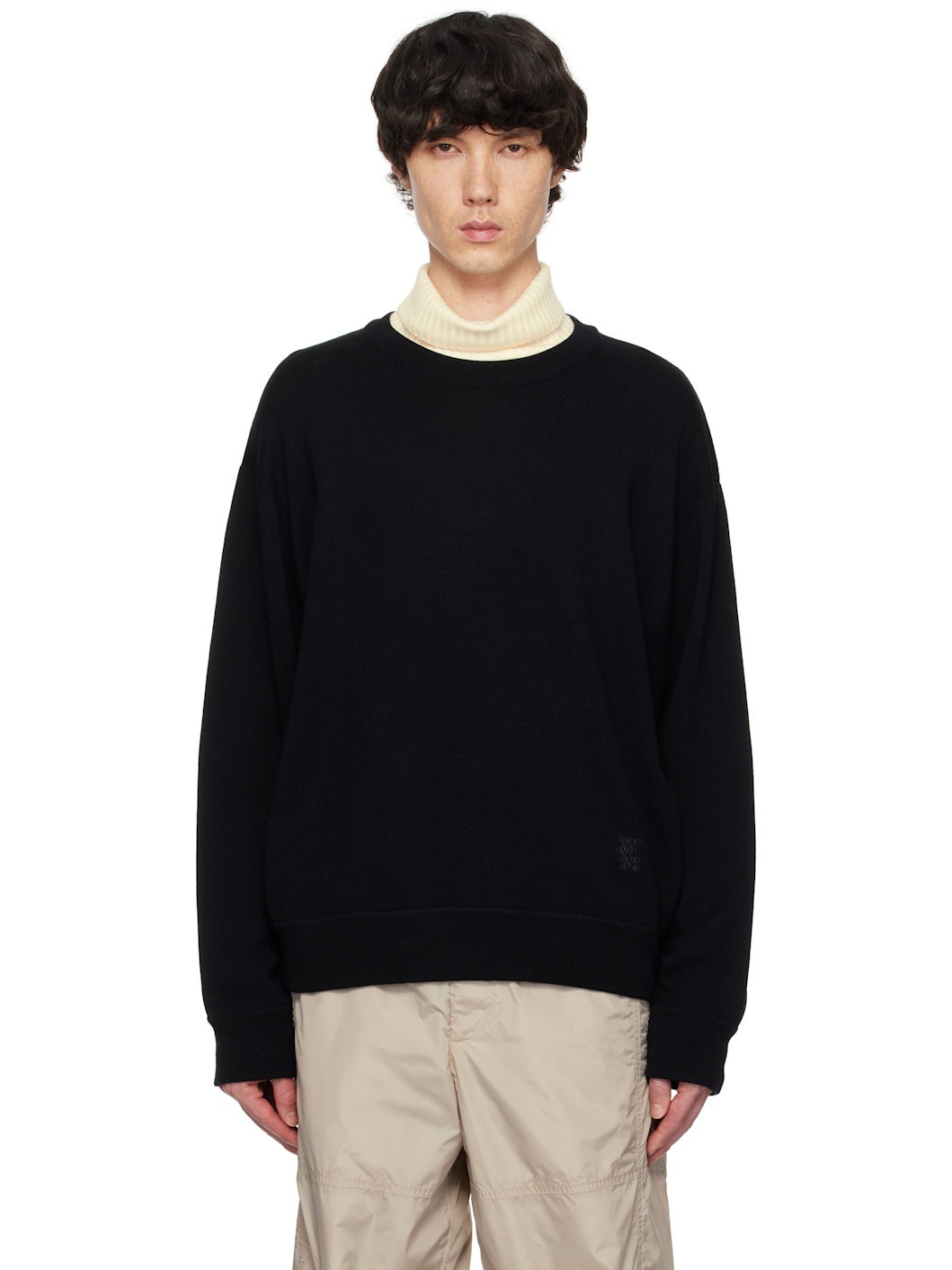 Black Round Neck Wool Sweater - 1