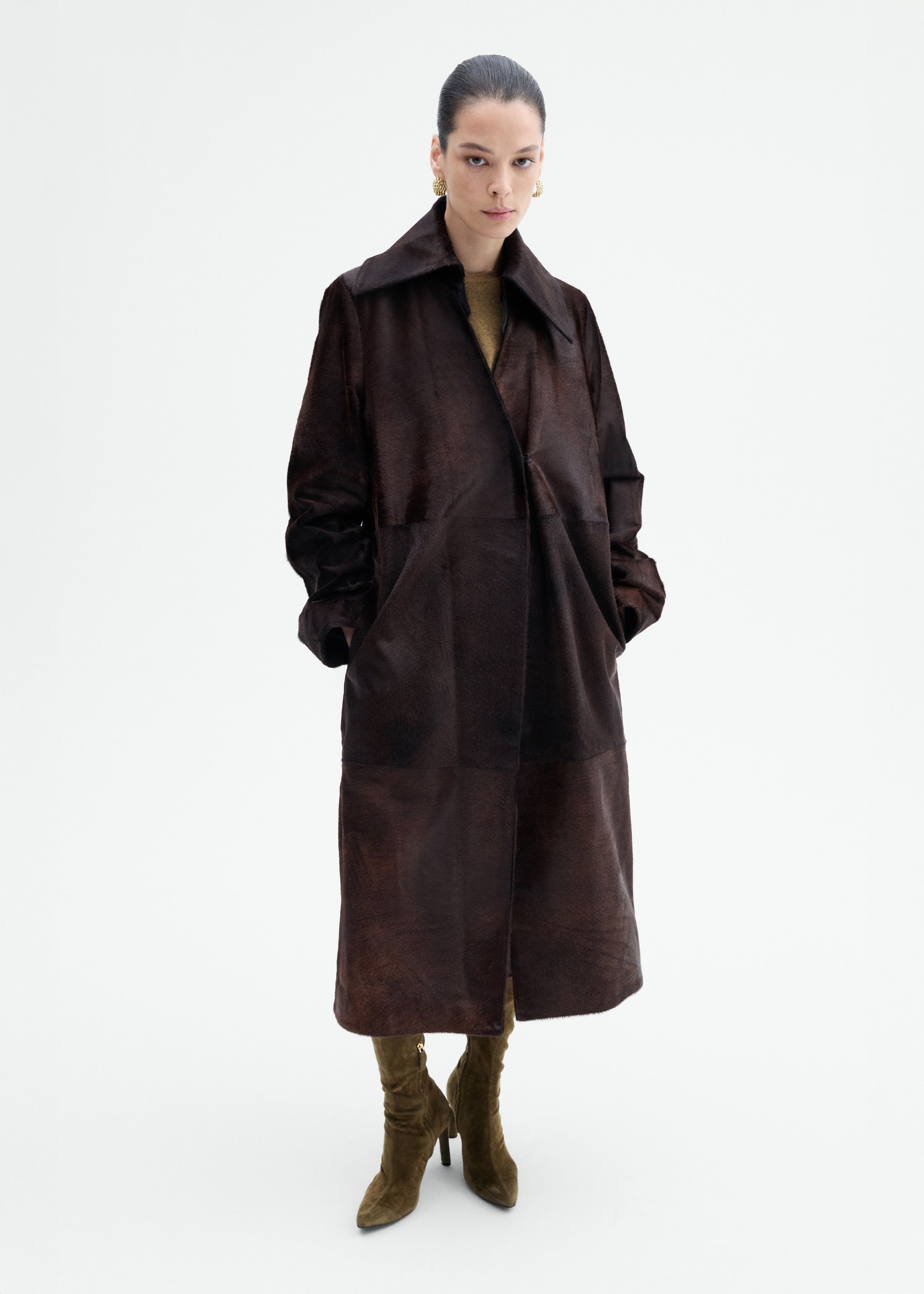 Polished Calf Hair Coat in Chocolate - 2