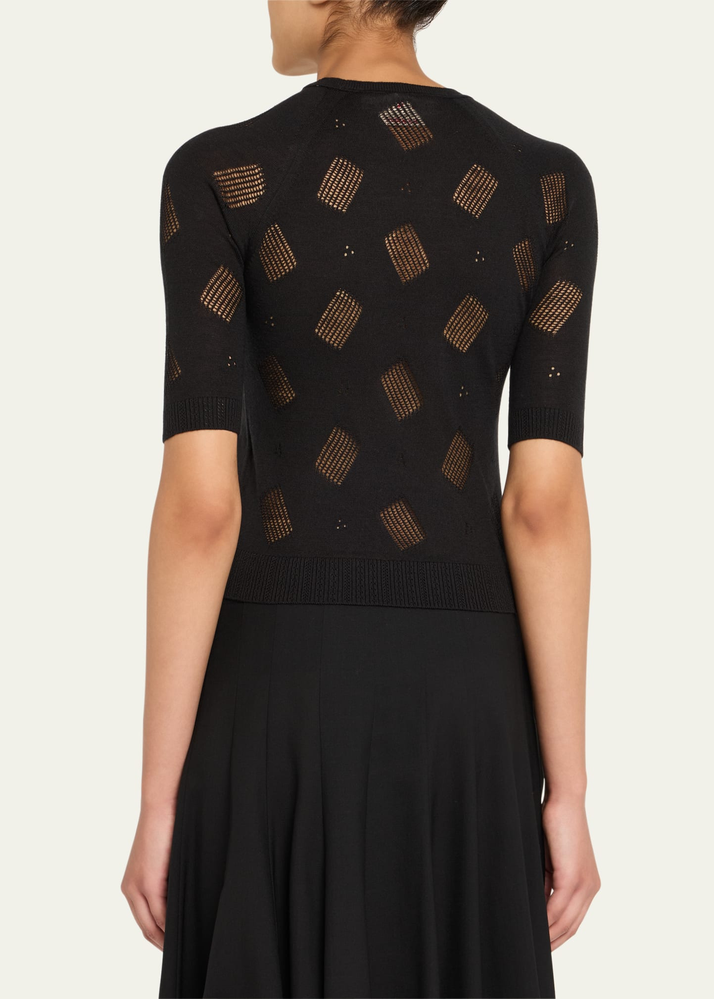 Short-Sleeve Perforated Knit Slim Sweater - 3