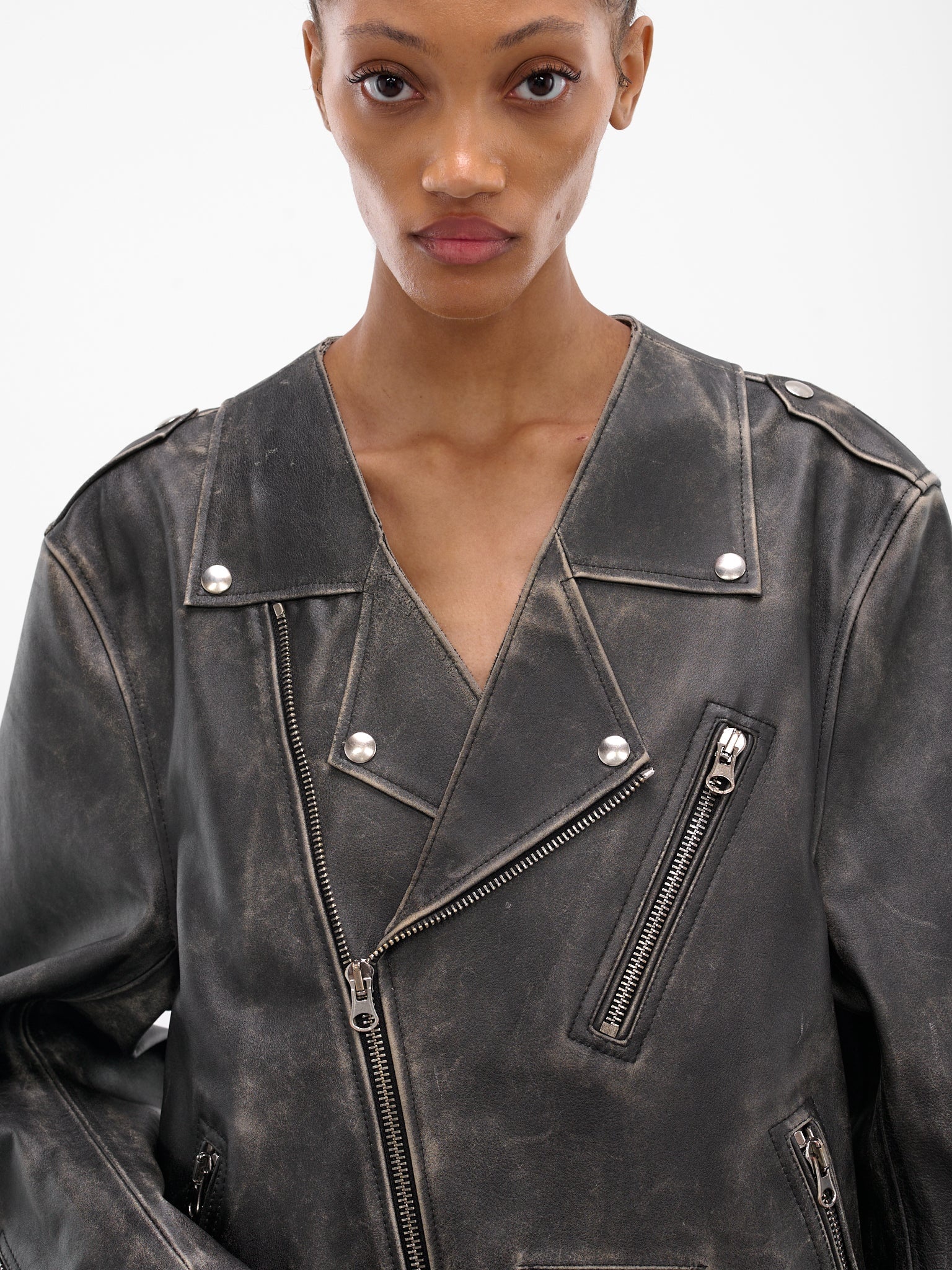 Black Worn Leather Biker Jacket - 5