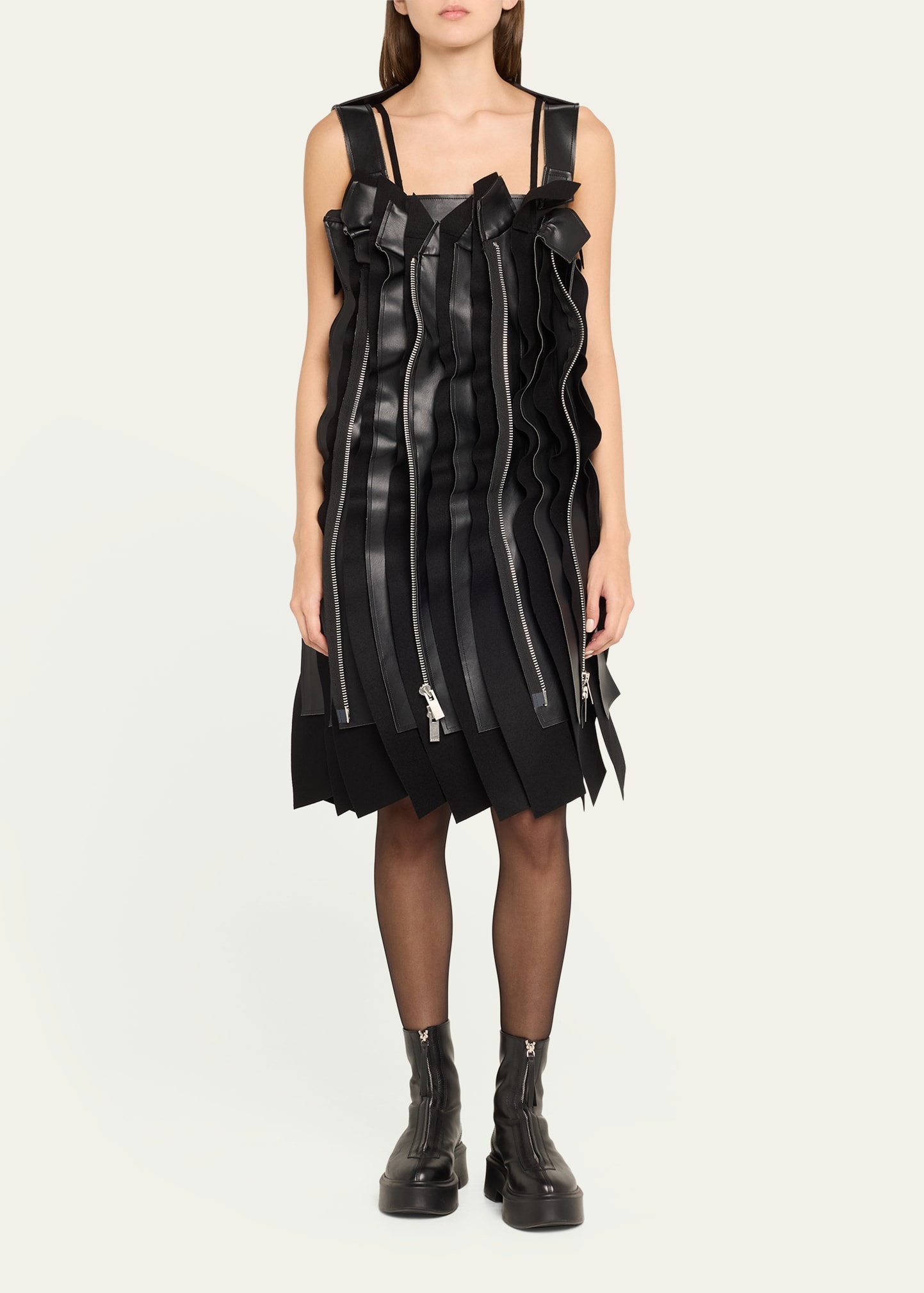 Pleated Faux Leather Wool Panel Zippered Dress - 2