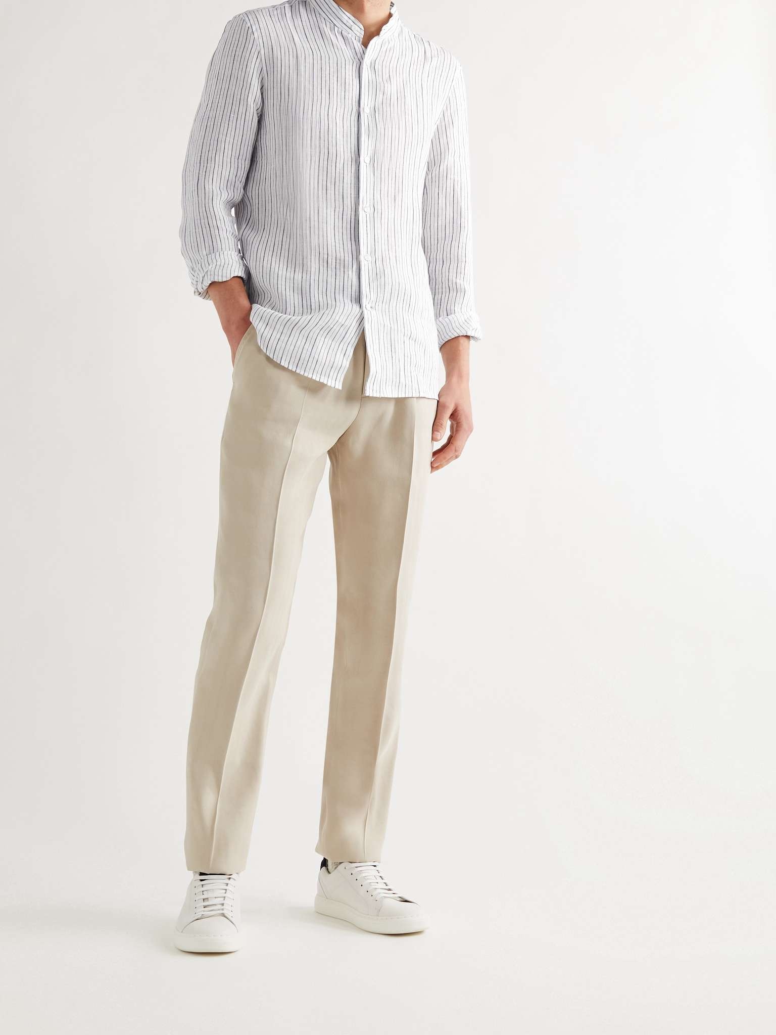 Grandad-Collar Pinstriped Linen Shirt - 2