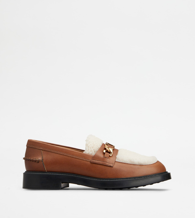 LOAFERS IN LEATHER AND SHEEPSKIN - BROWN, OFF WHITE 1