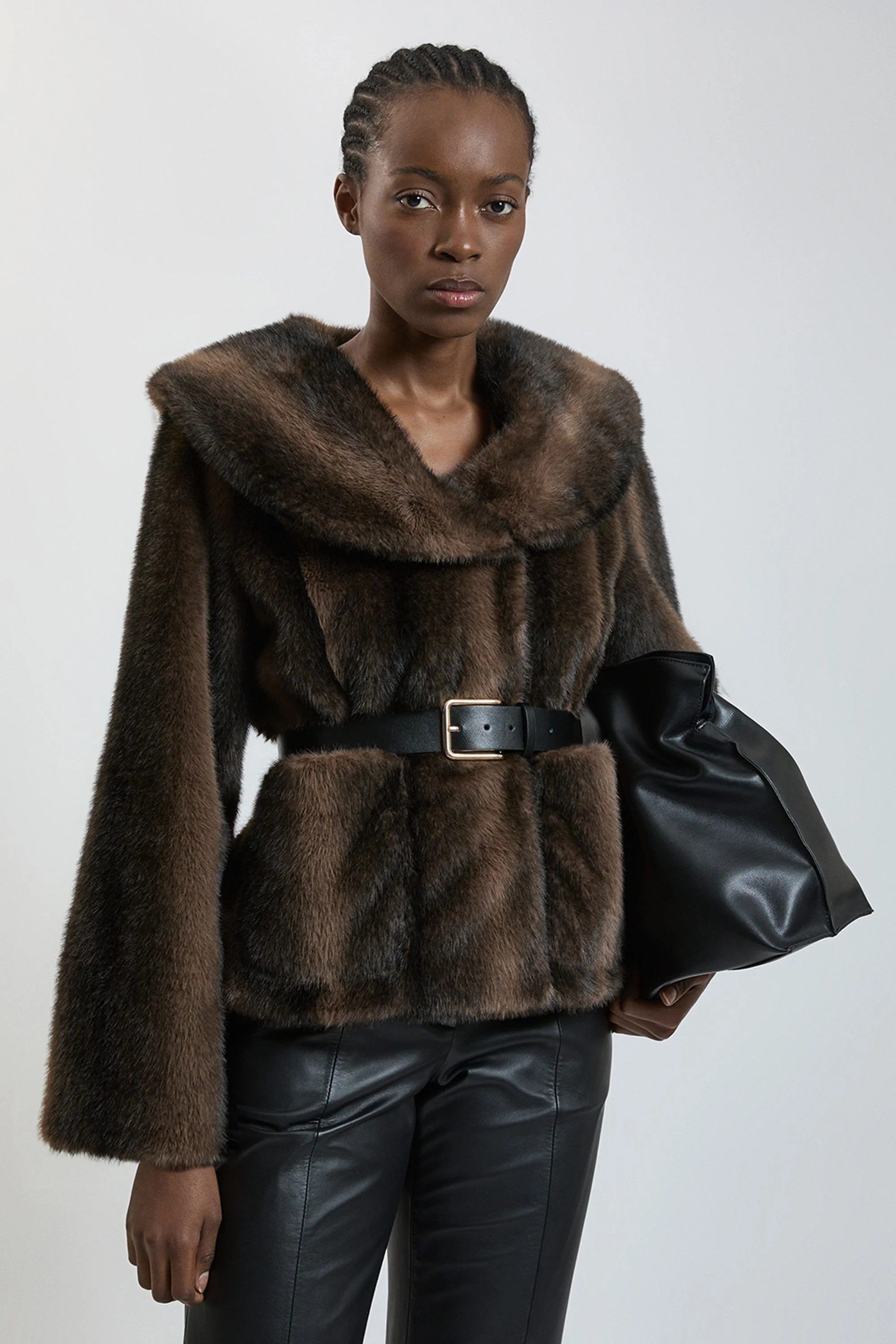 Faux Fur Oversize Collar Belted Short Coat - 1