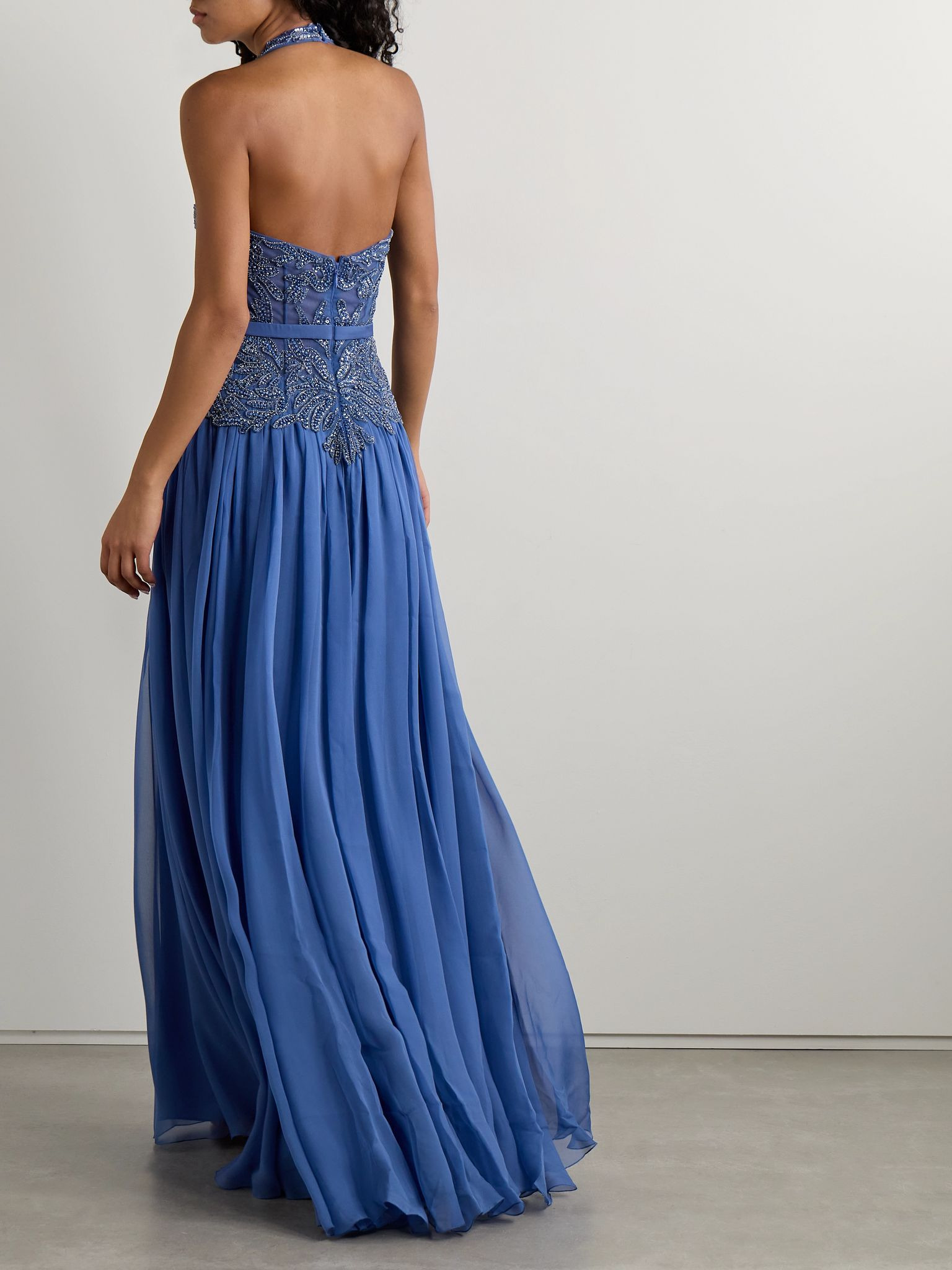 Silk crepe de chine and embellished tulle halterneck gown Blue - 3