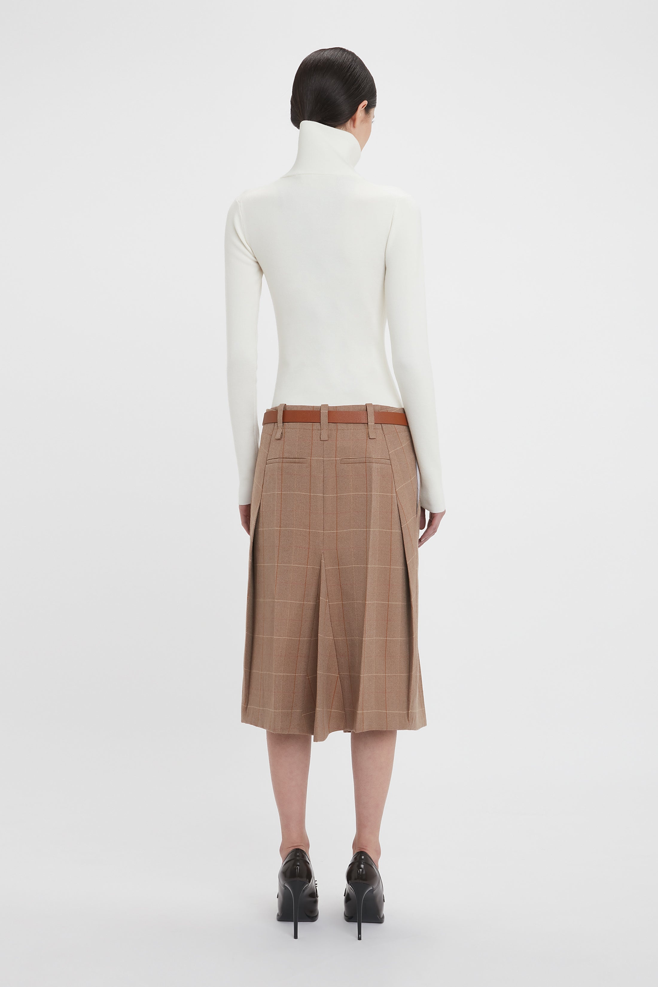 Exclusive Asymmetric Tailored Skirt In Camel-Multi Check - 4