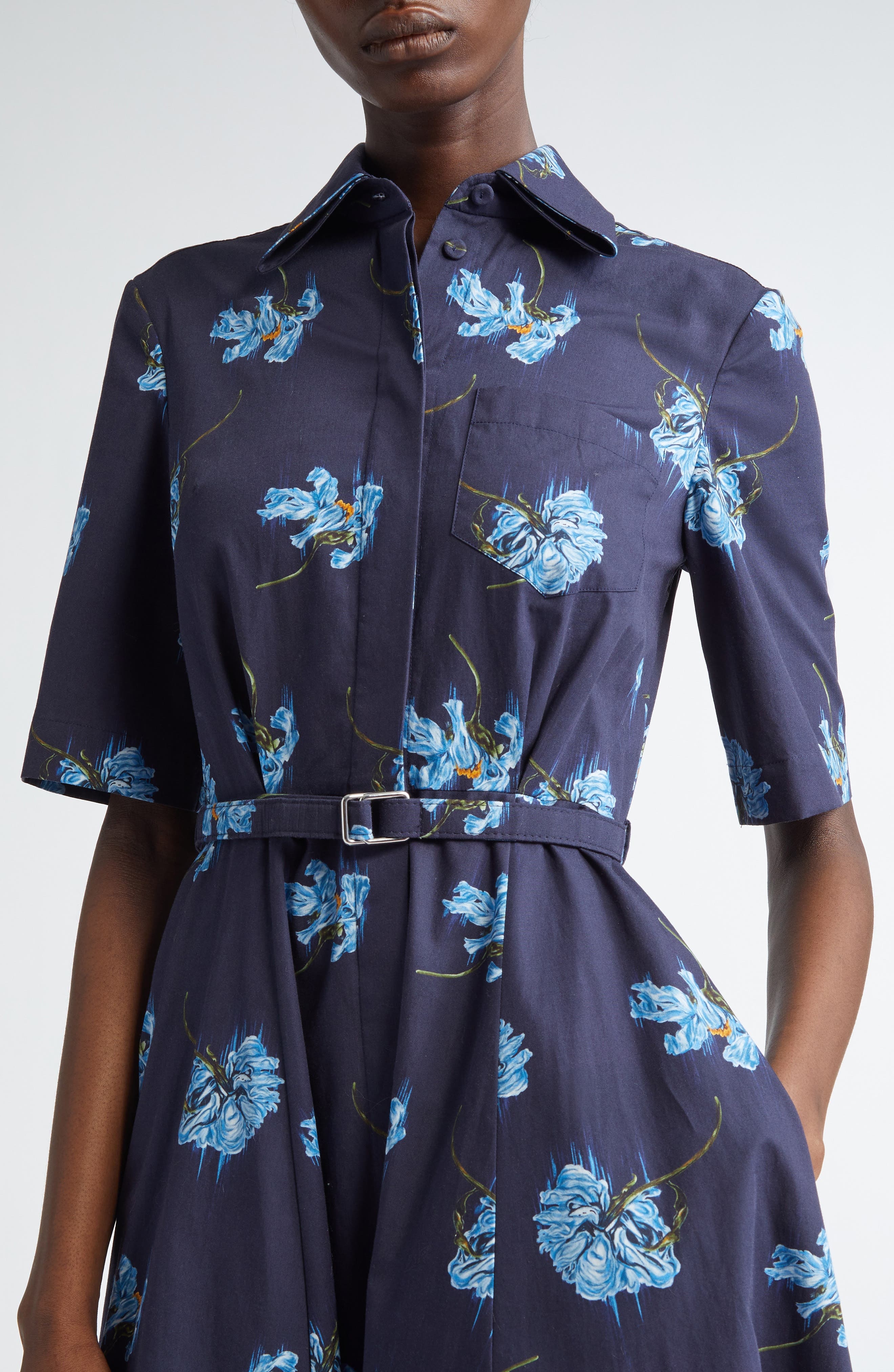 Emilia Wickstead Rubie Belted Cotton Poplin Midi Shirtdress in Blue Flowers On Navy at Nordstrom - 4